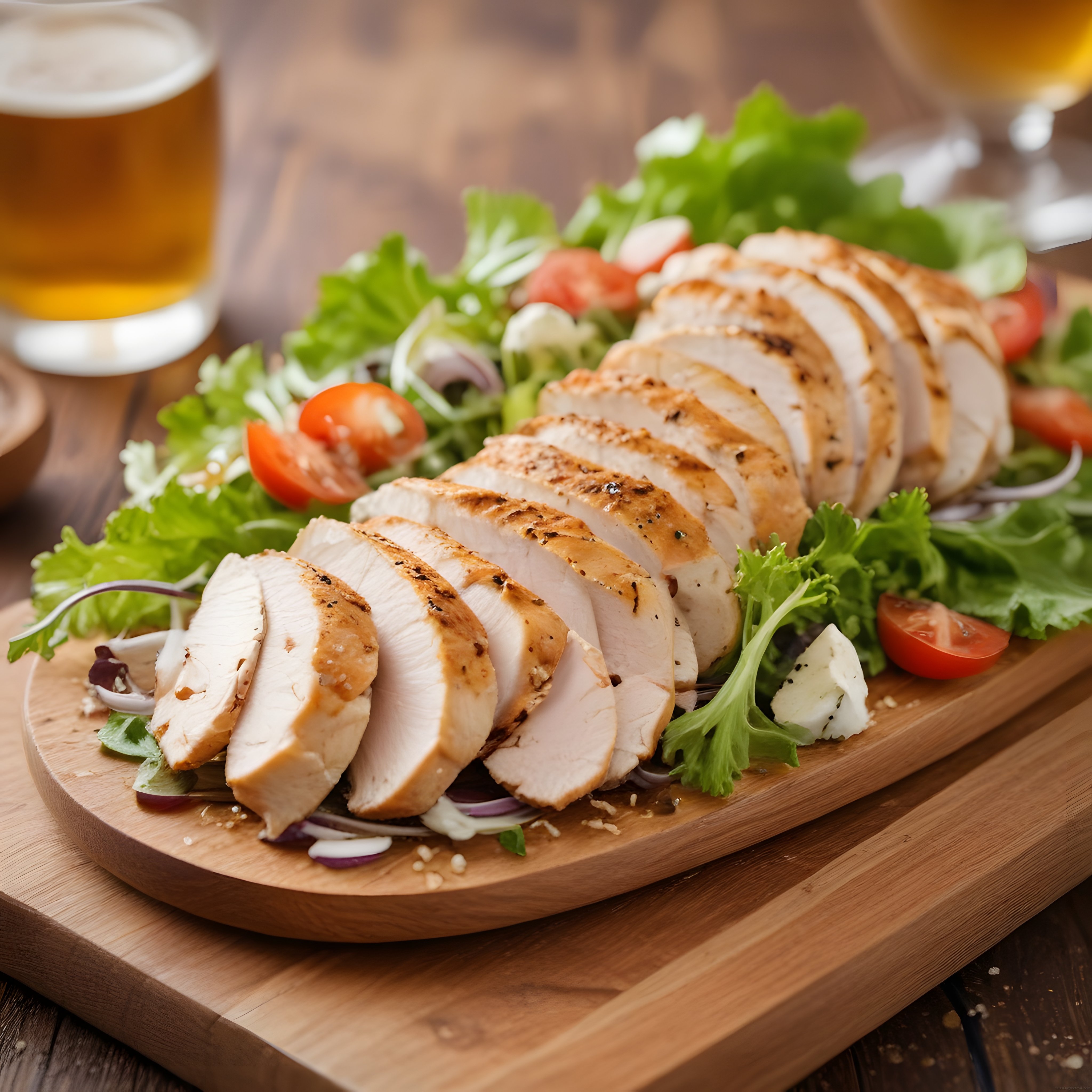 Ahşap Sunum Tahtasında Izgara Tavuk Göğsü ve Taze Salata Eşliğinde