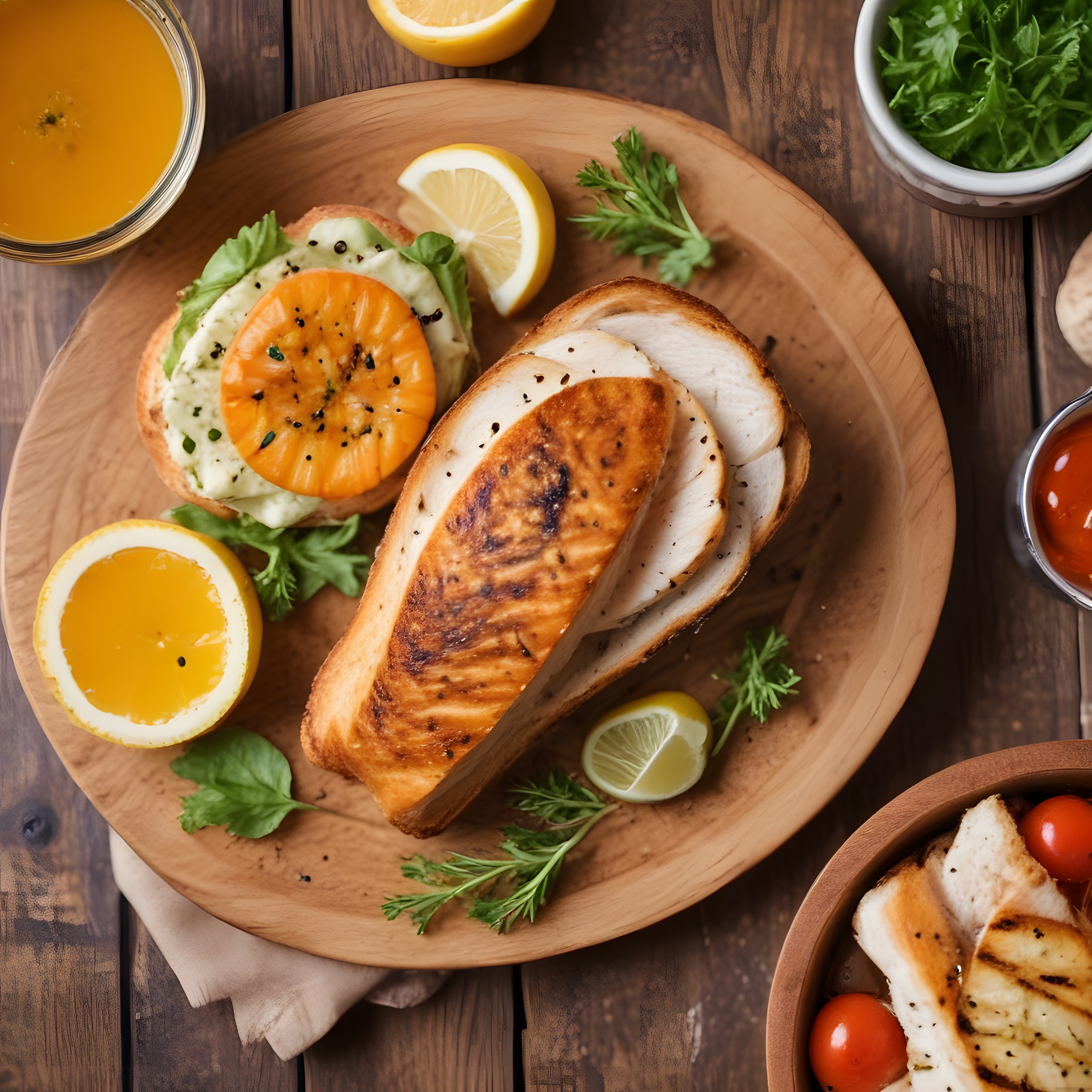 Ahşap Sunum Tahtasında Izgara Tavuk, Limon ve Yeşilliklerle Sağlıklı Tabak
