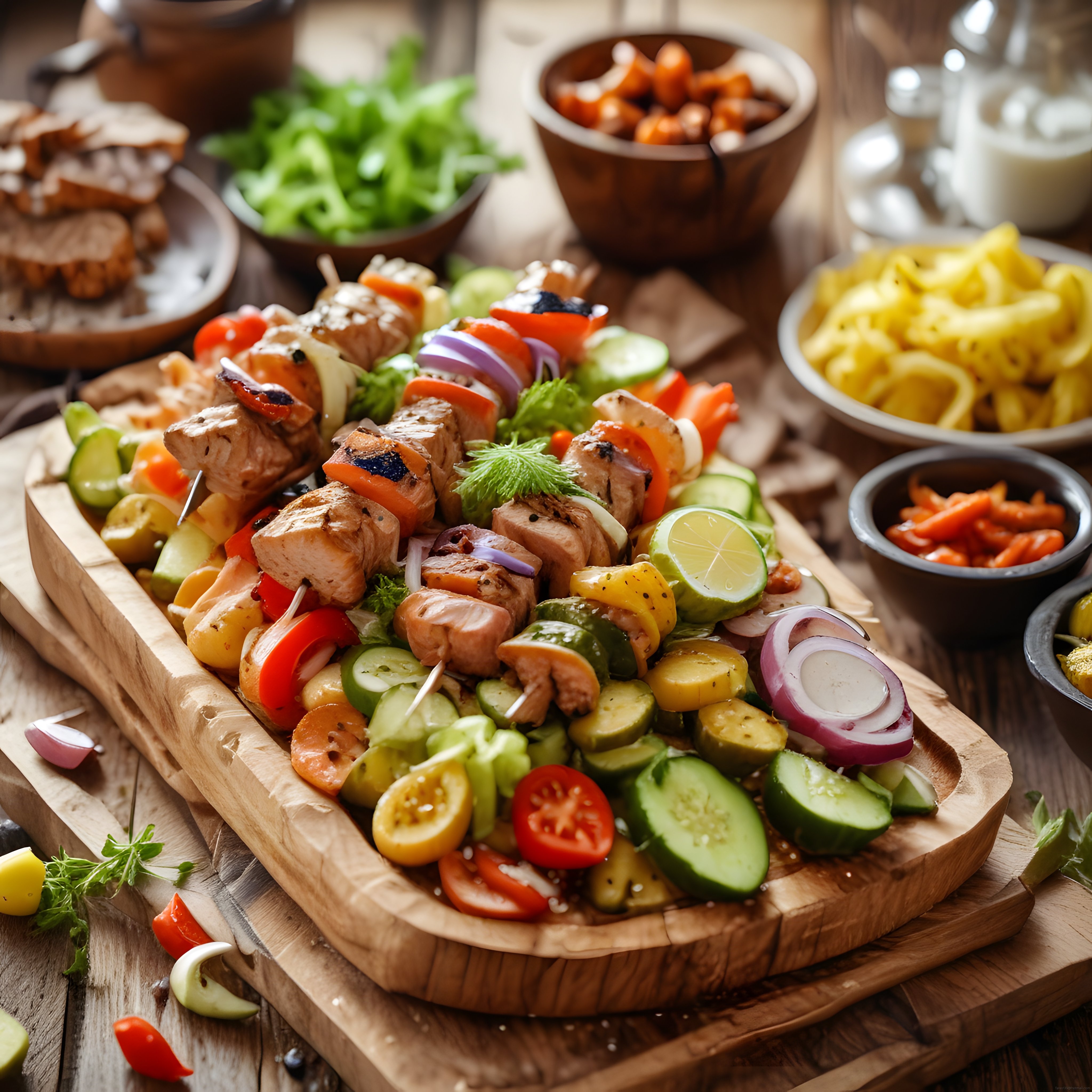 Ahşap Sunum Tahtasında Izgara Tavuk Şiş ve Taze Sebze Salatası
