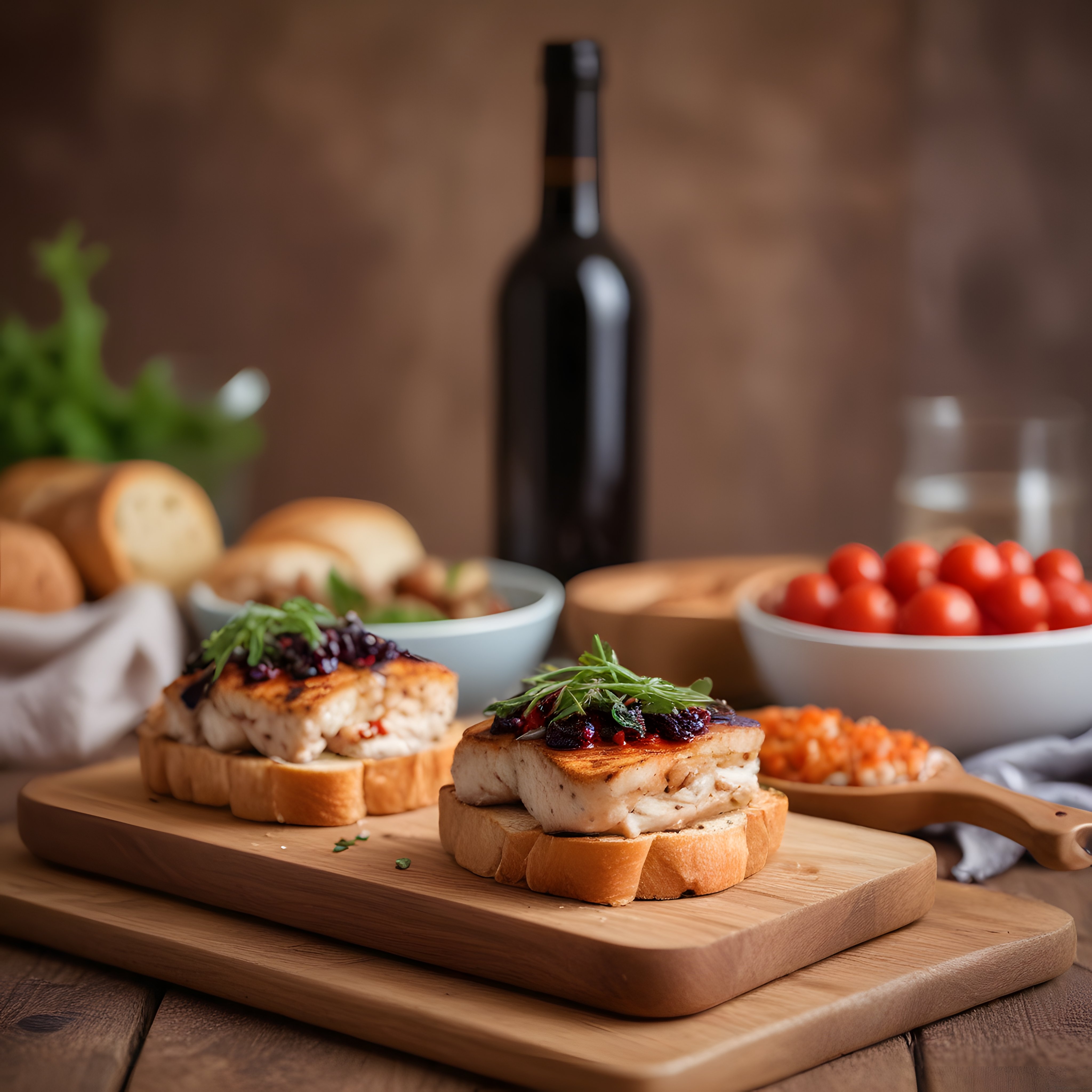 Ahşap sunum tahtasında ızgara tavuklu bruschetta ve kırmızı domates mezeleri