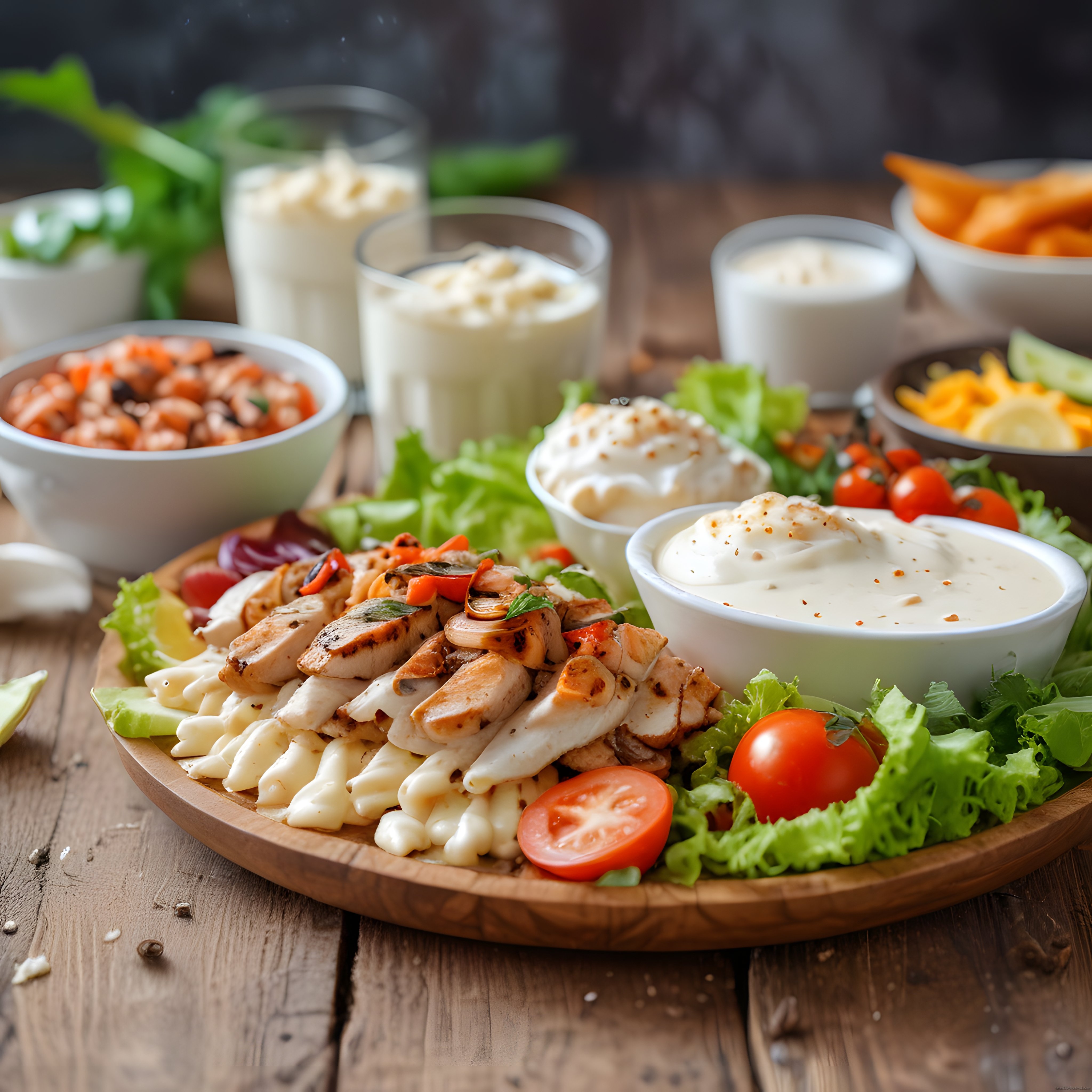 Ahşap Sunum Tahtasında Izgara Tavuklu Kremalı Makarna ve Ayran Keyfi