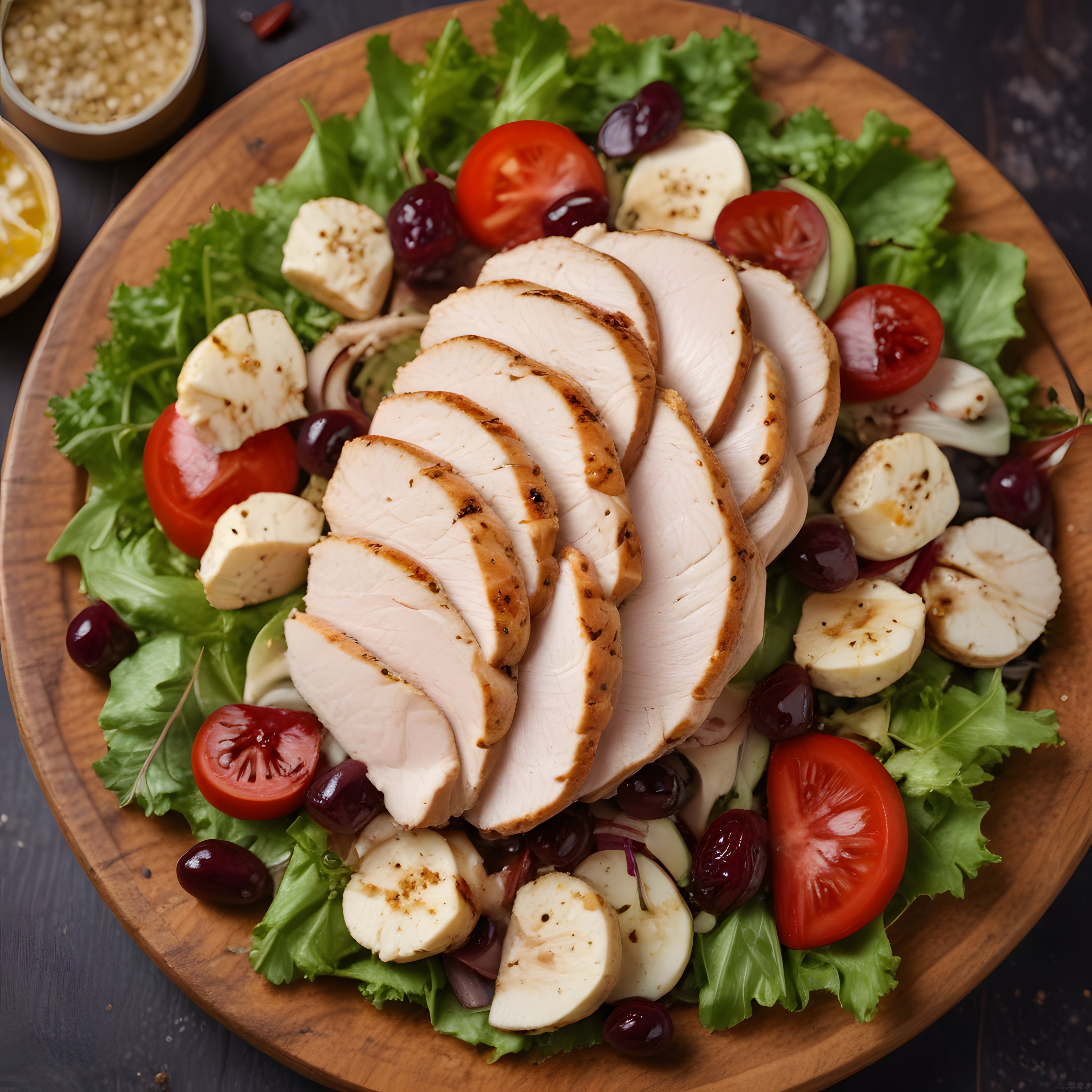 Ahşap Sunum Tahtasında Izgara Tavuklu Mozzarellalı Akdeniz Salatası
