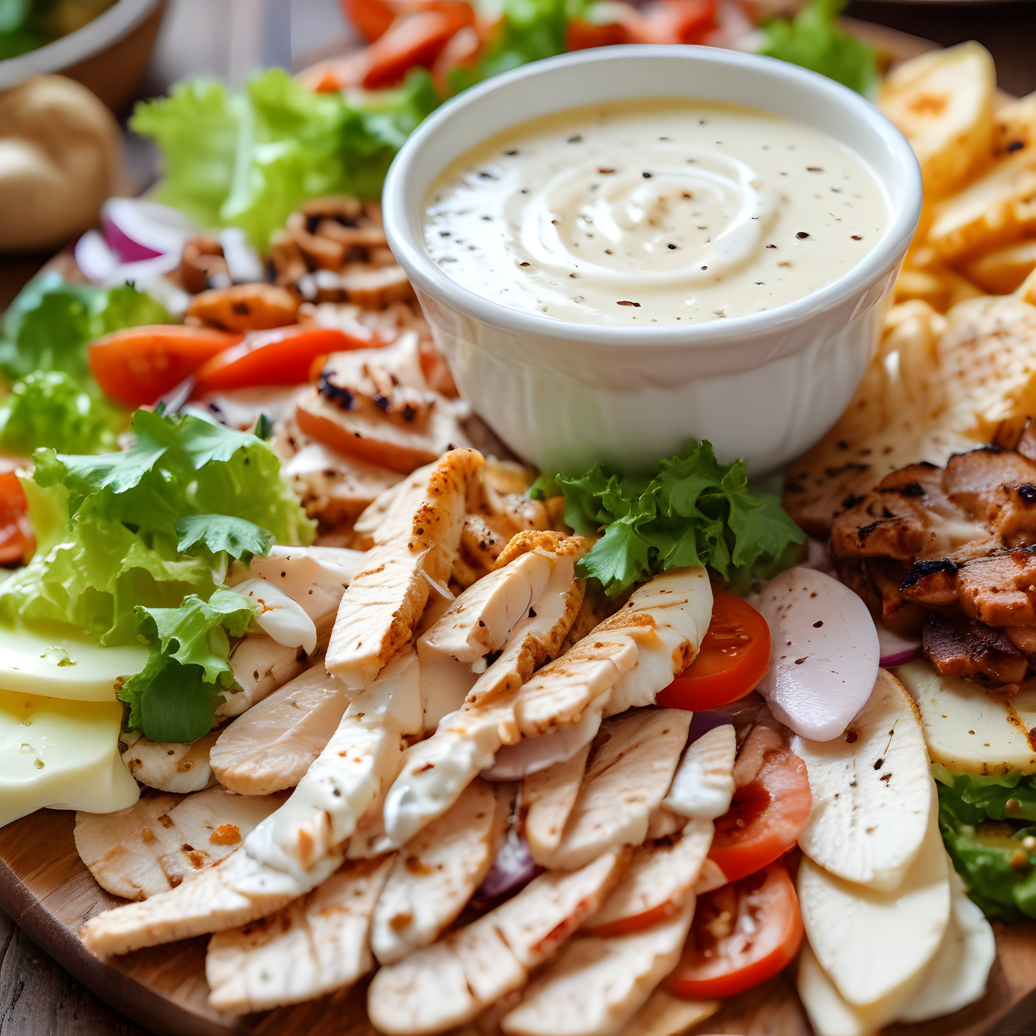 Ahşap Sunum Tahtasında Izgara Tavuklu Salata ve Kremalı Dip Sosu