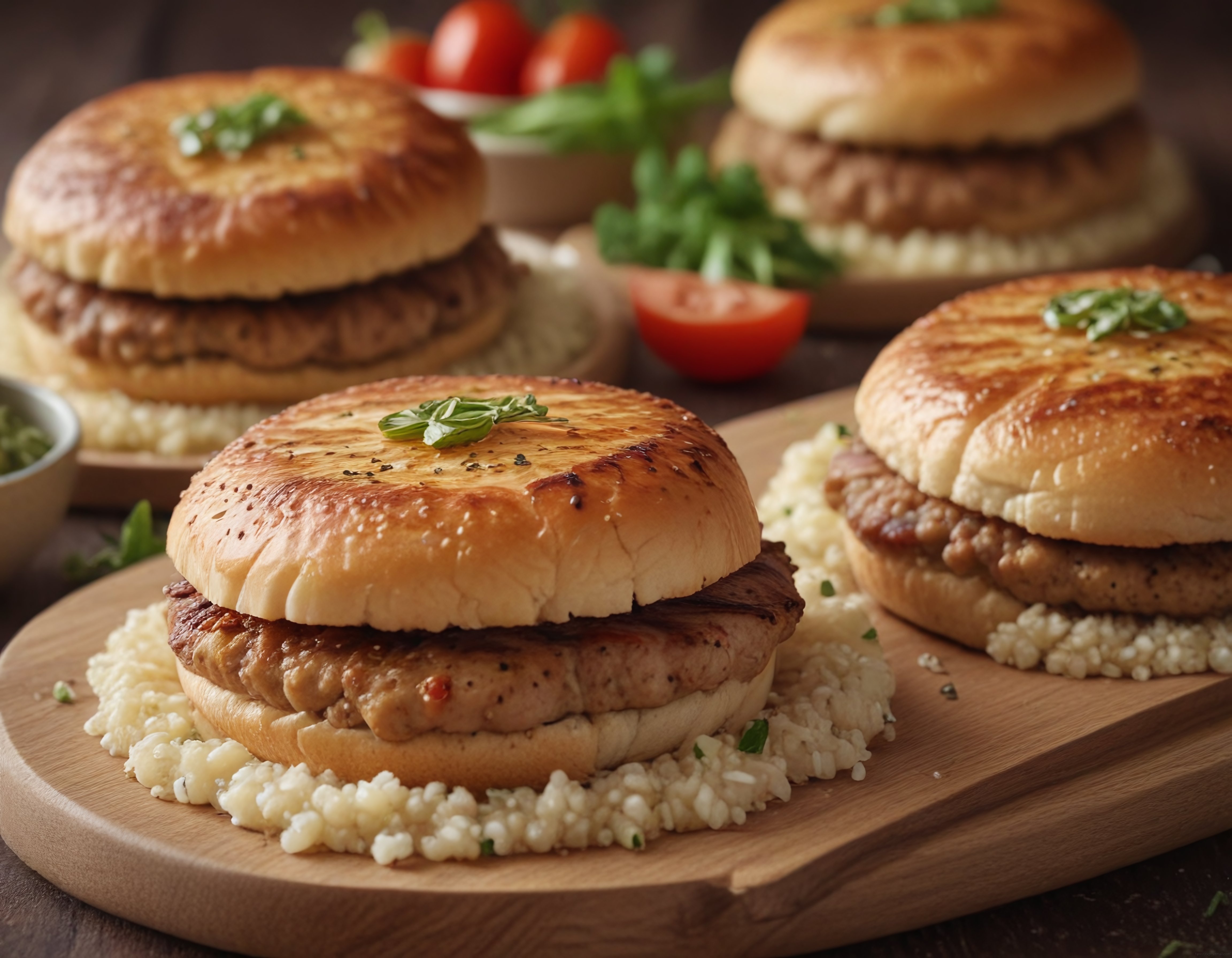 Ahşap Sunum Tahtasında Izgara Tavuklu Sandviç ve Kuskus Pilavı