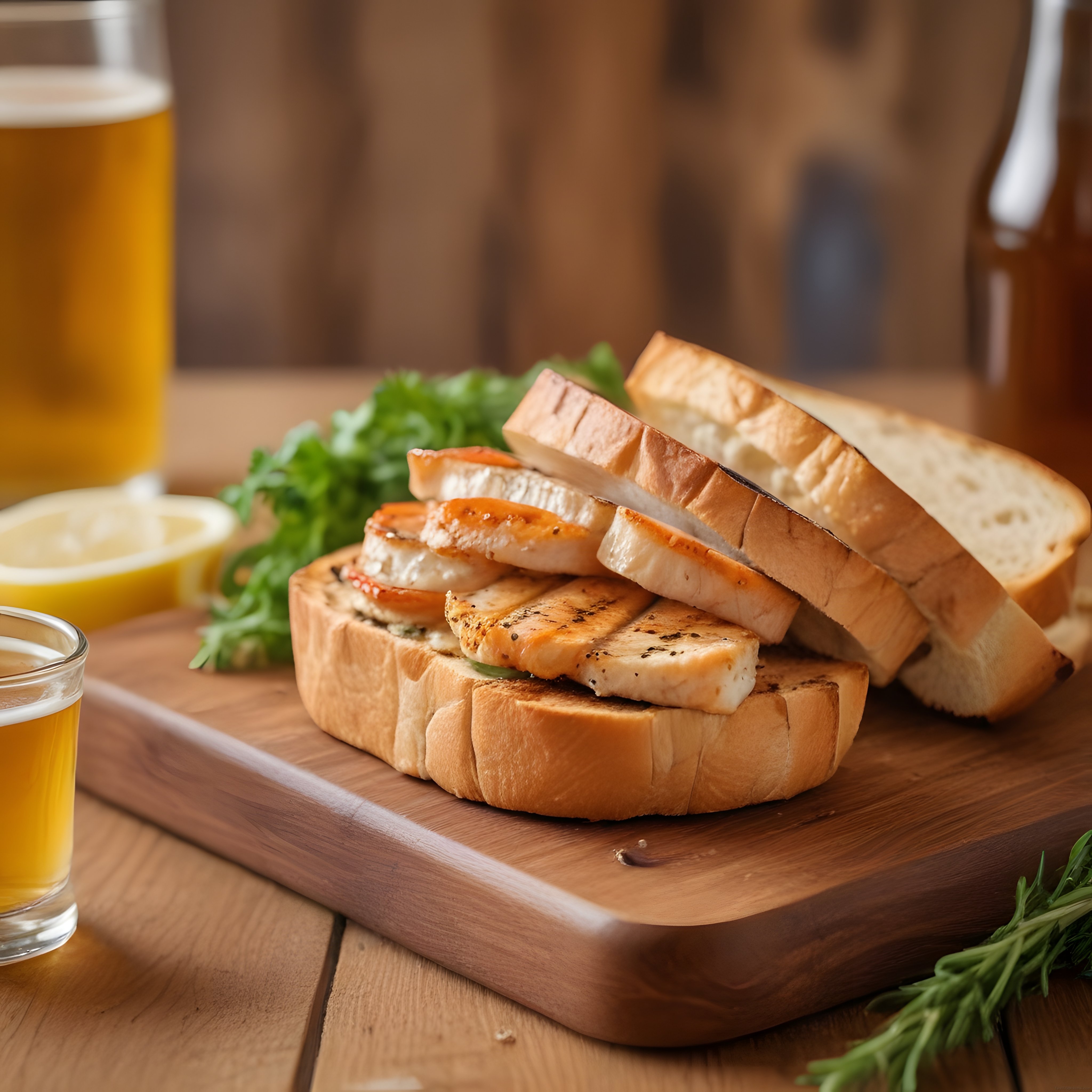 Ahşap Sunum Tahtasında Izgara Tavuklu Tost Sandviç ve Bira Eşliği