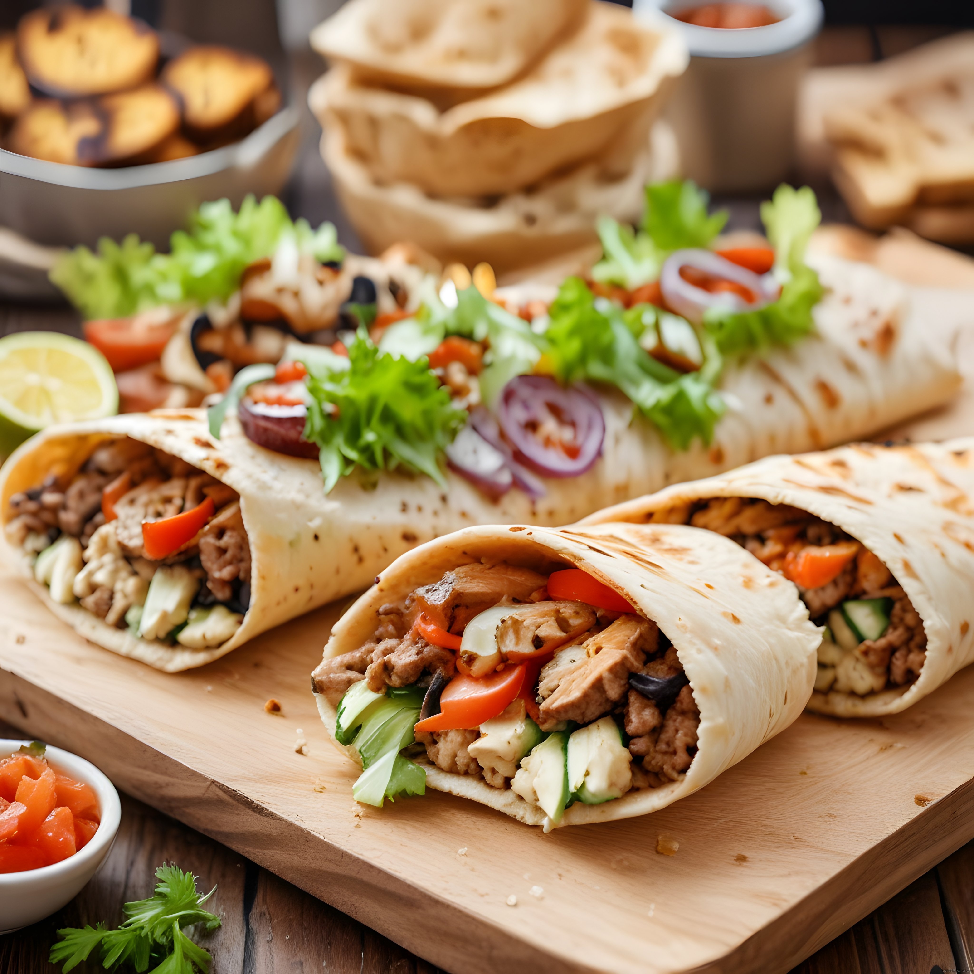 Ahşap Sunum Tahtasında Izgara Tavuklu ve Sebzeli Wrap Dürüm