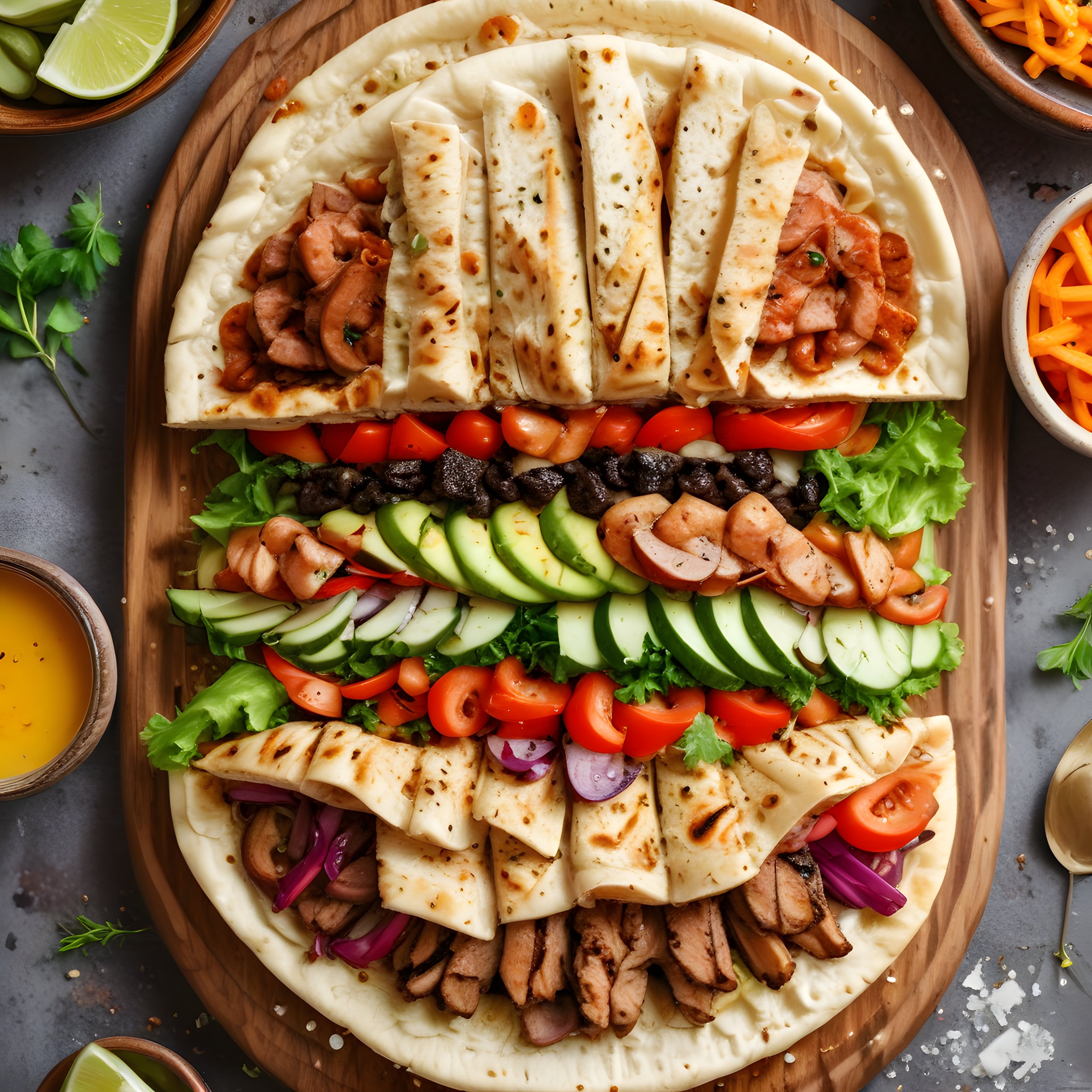 Ahşap Sunum Tahtasında Izgara Tavuklu ve Taze Sebzeli Tortilla Keyfi