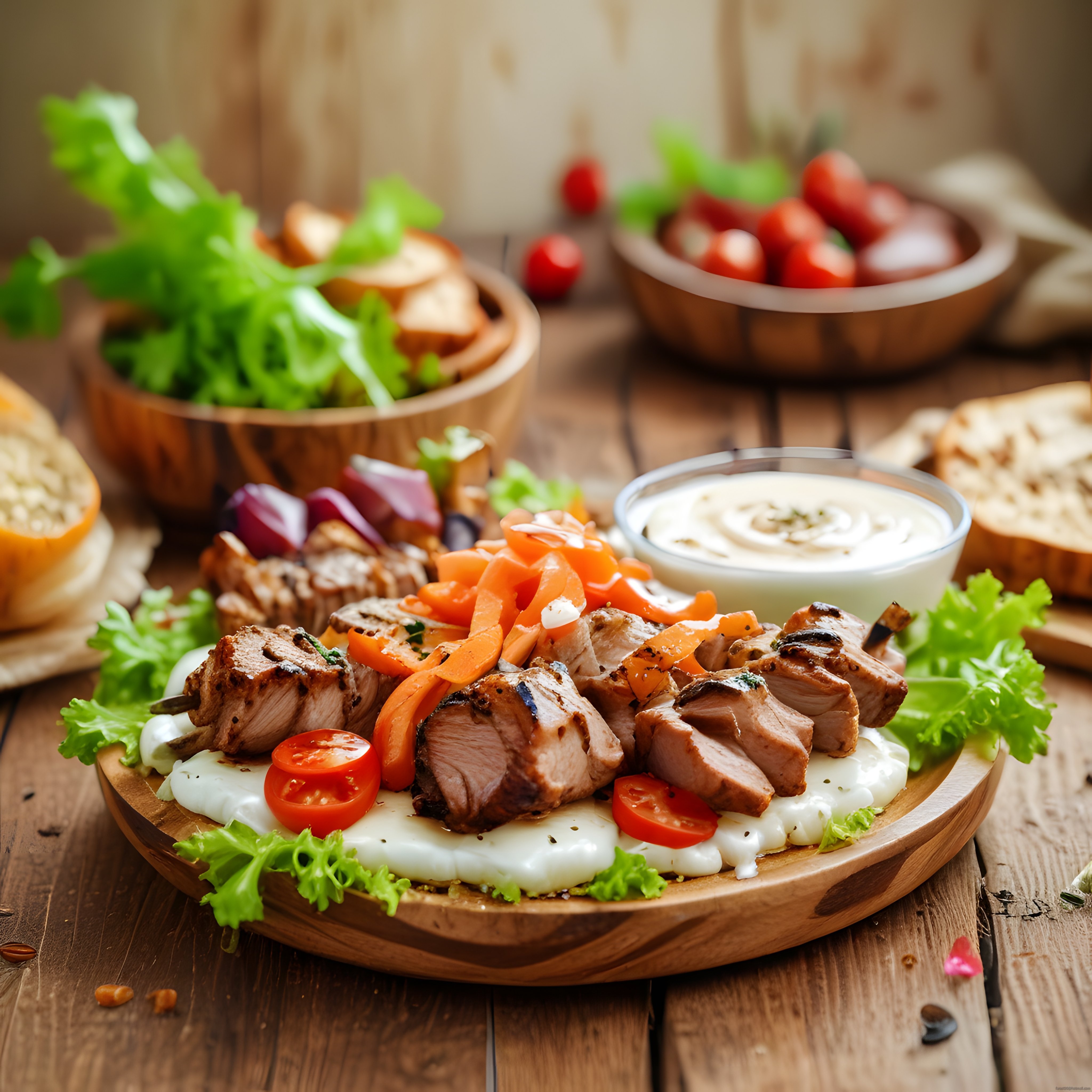 Ahşap Sunum Tahtasında Izgarada Pişmiş Et Parçaları ve Taze Sebzeler