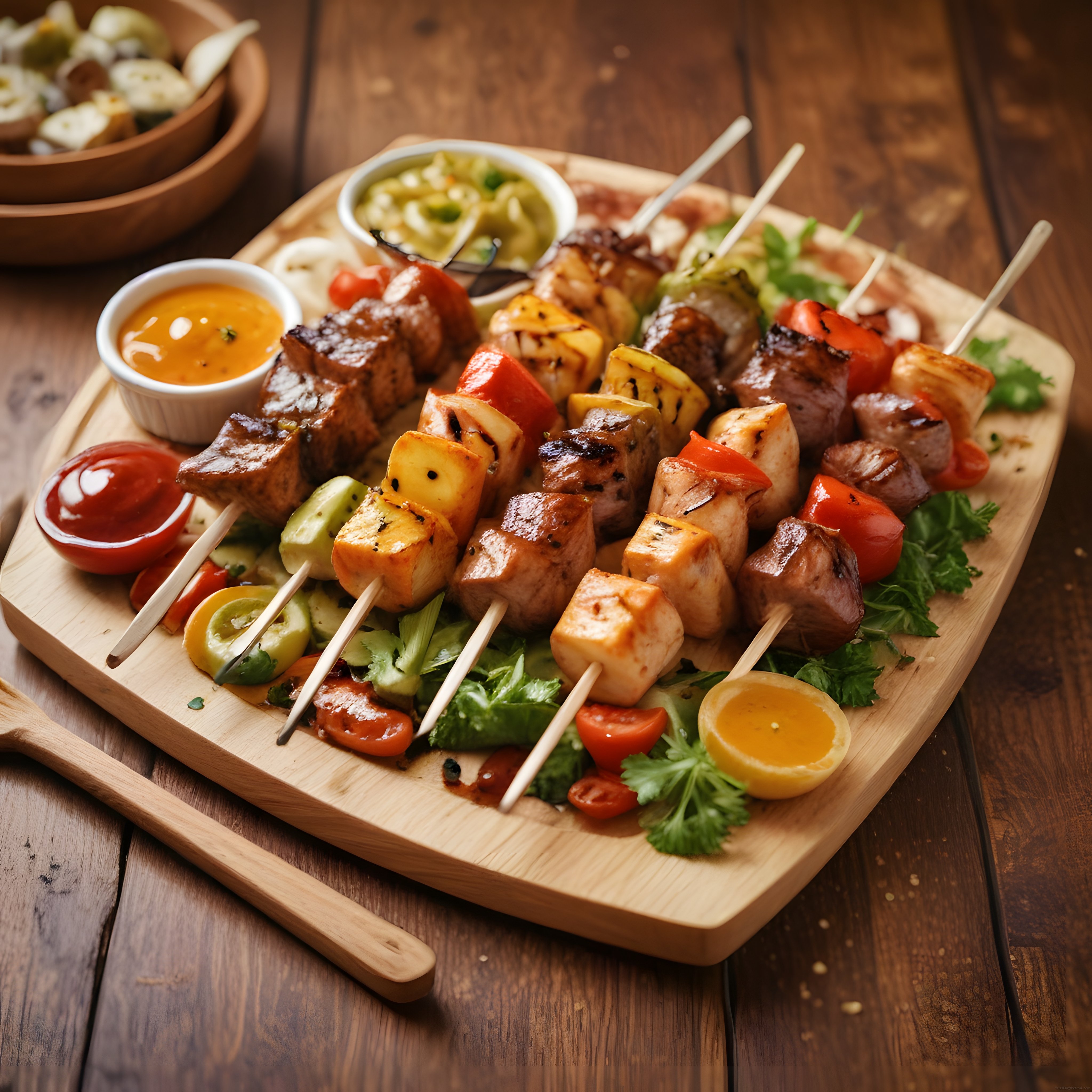 Ahşap Sunum Tahtasında Izgarada Pişmiş Şiş Kebap ve Özel Soslar