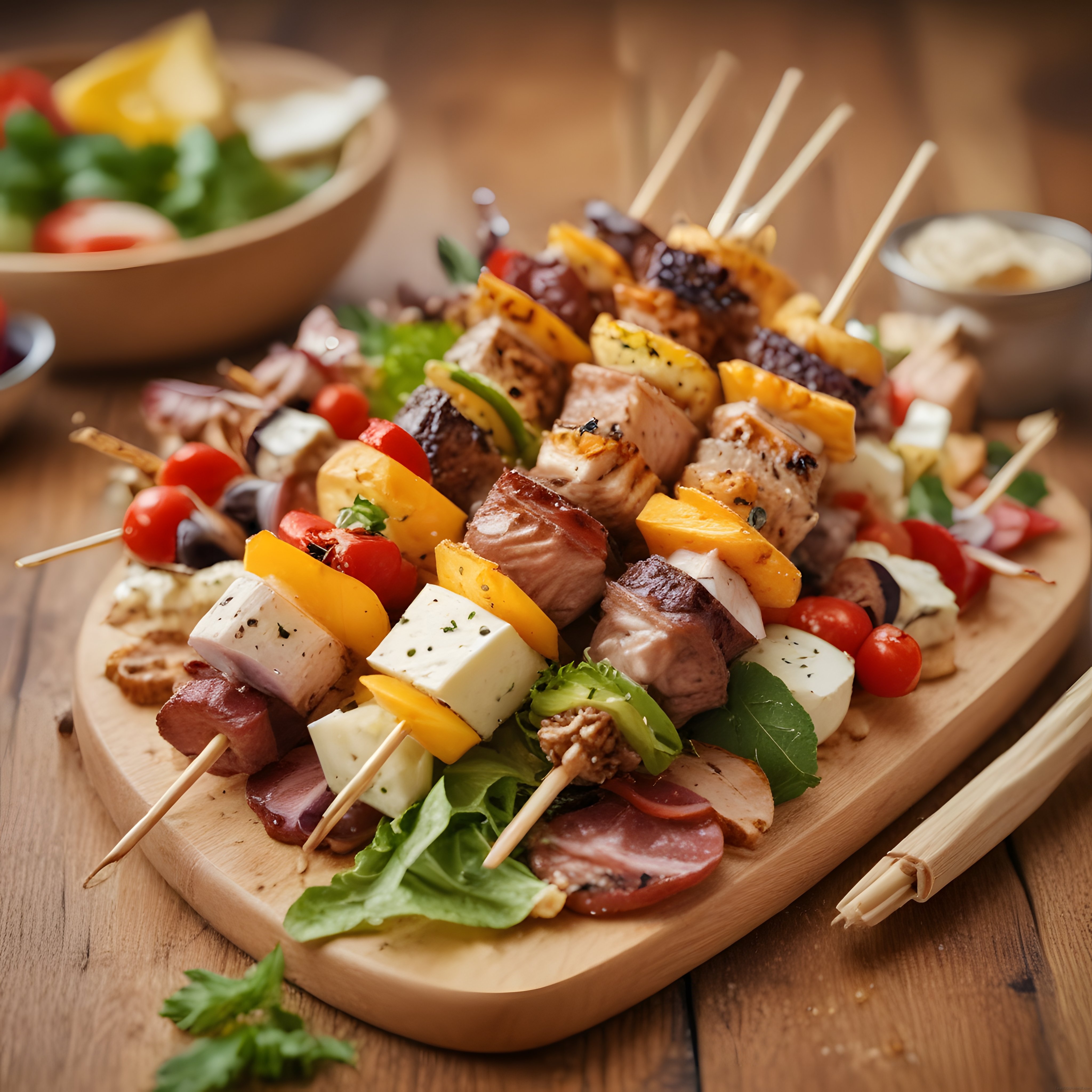 Ahşap Sunum Tahtasında Izgarada Pişmiş Şiş Kebap ve Peynir Çeşitleri