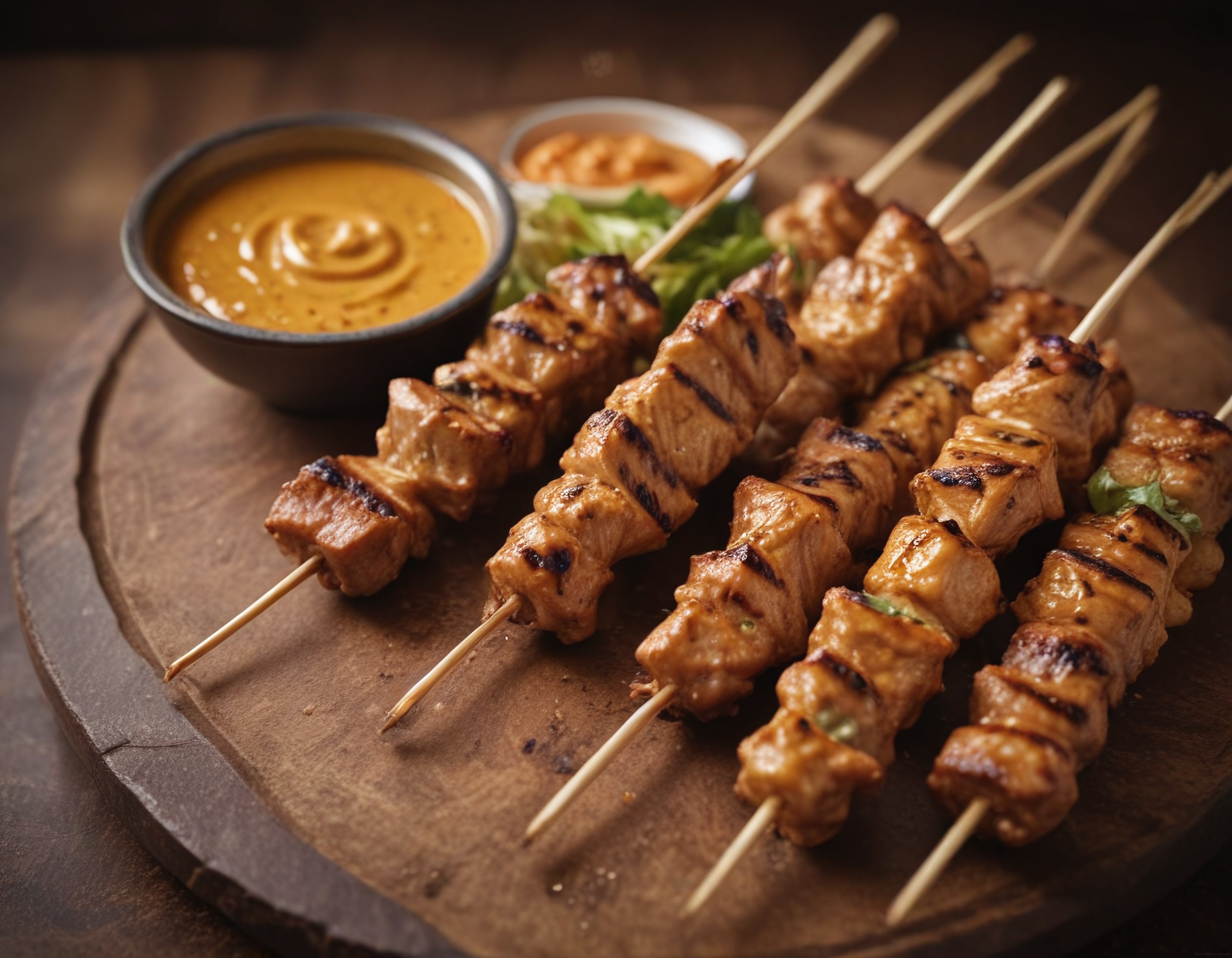 Ahşap sunum tahtasında ızgarada pişmiş tavuk satay şişler ve fıstık ezmeli sos