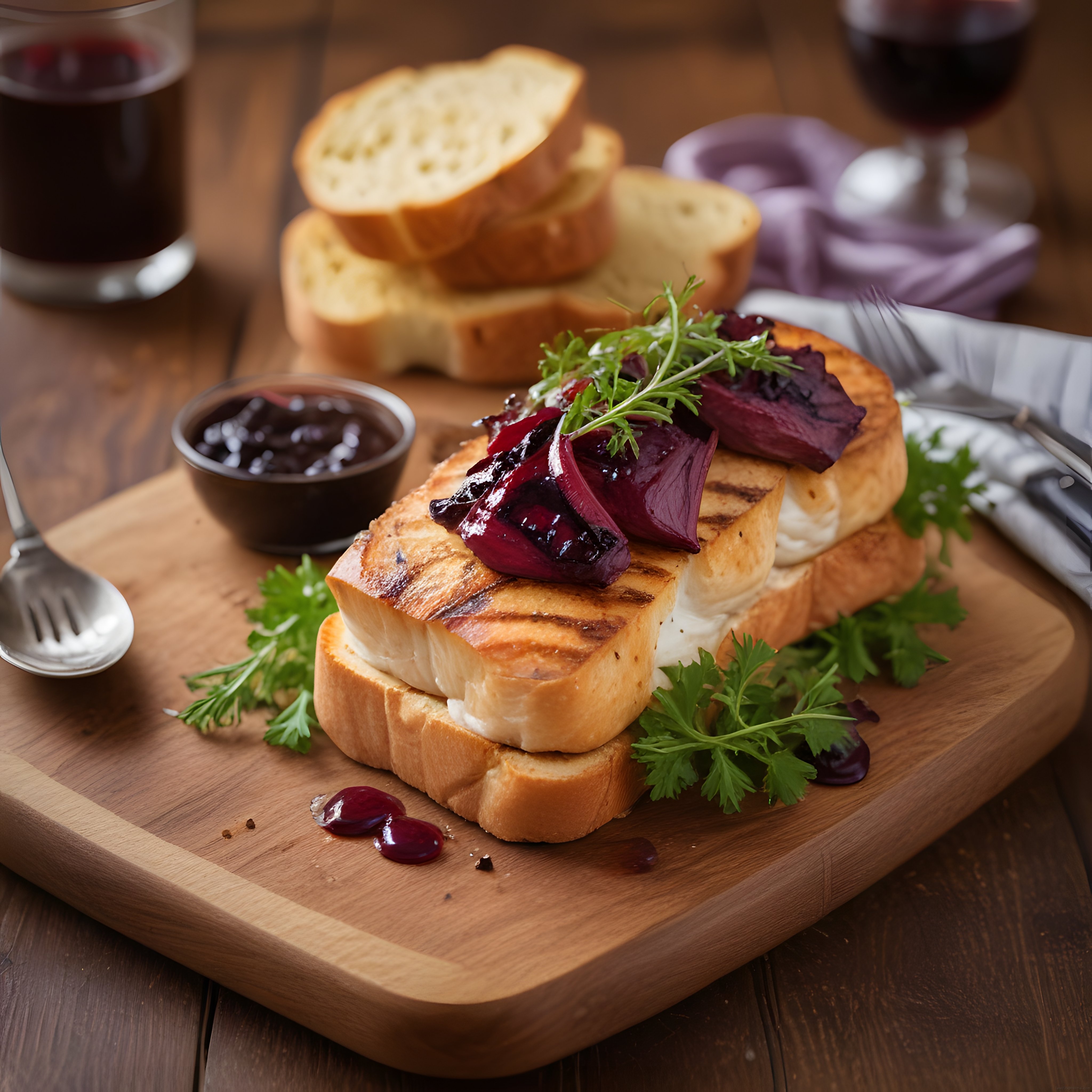 Ahşap Sunum Tahtasında Izgaralı Peynirli ve Karamelize Soğanlı Toast
