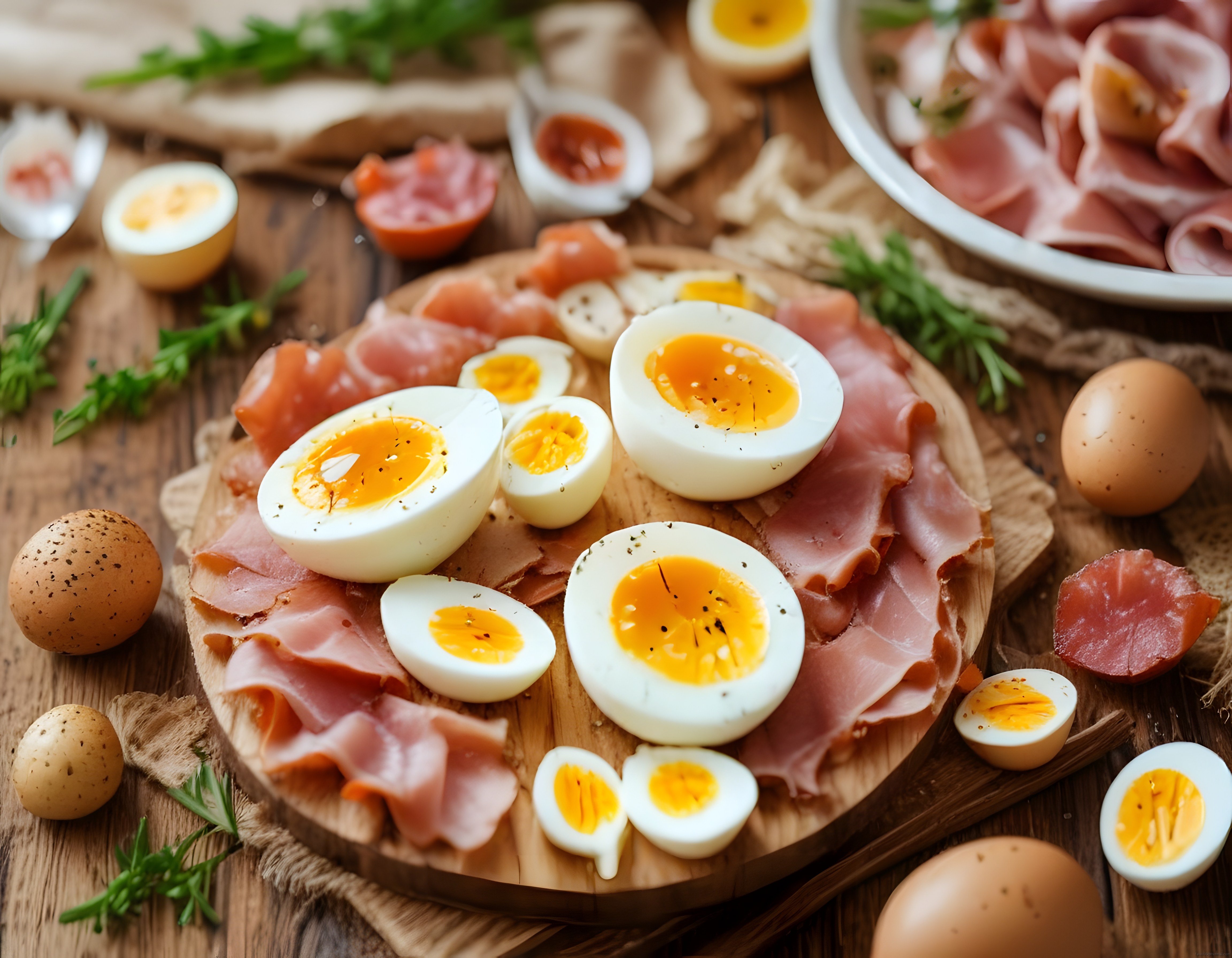 Ahşap sunum tahtasında jambon ve yarı haşlanmış yumurtalı kahvaltı tabağı
