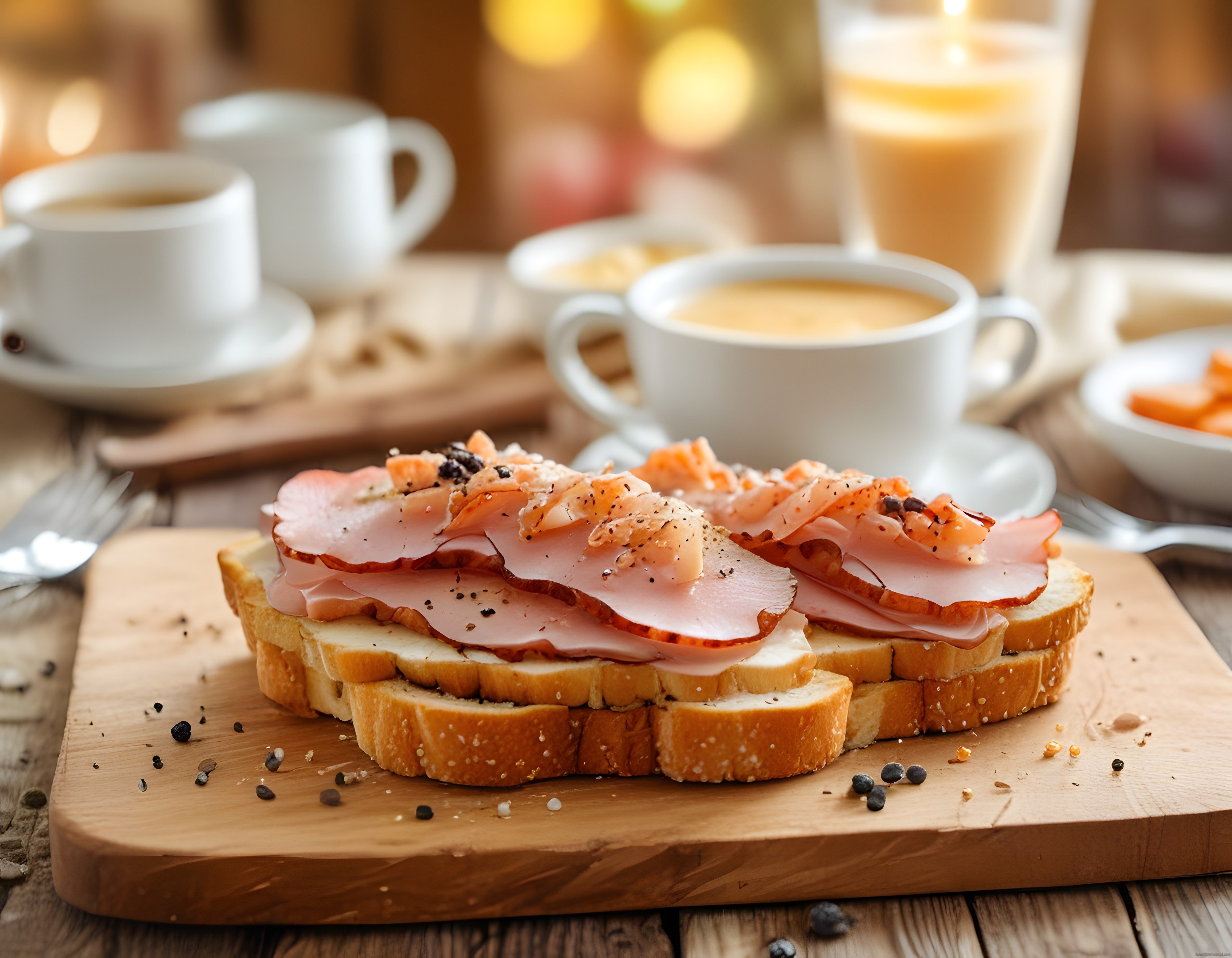 Ahşap Sunum Tahtasında Jambonlu Tost ve Sıcak Kahve ile Kahvaltı Keyfi