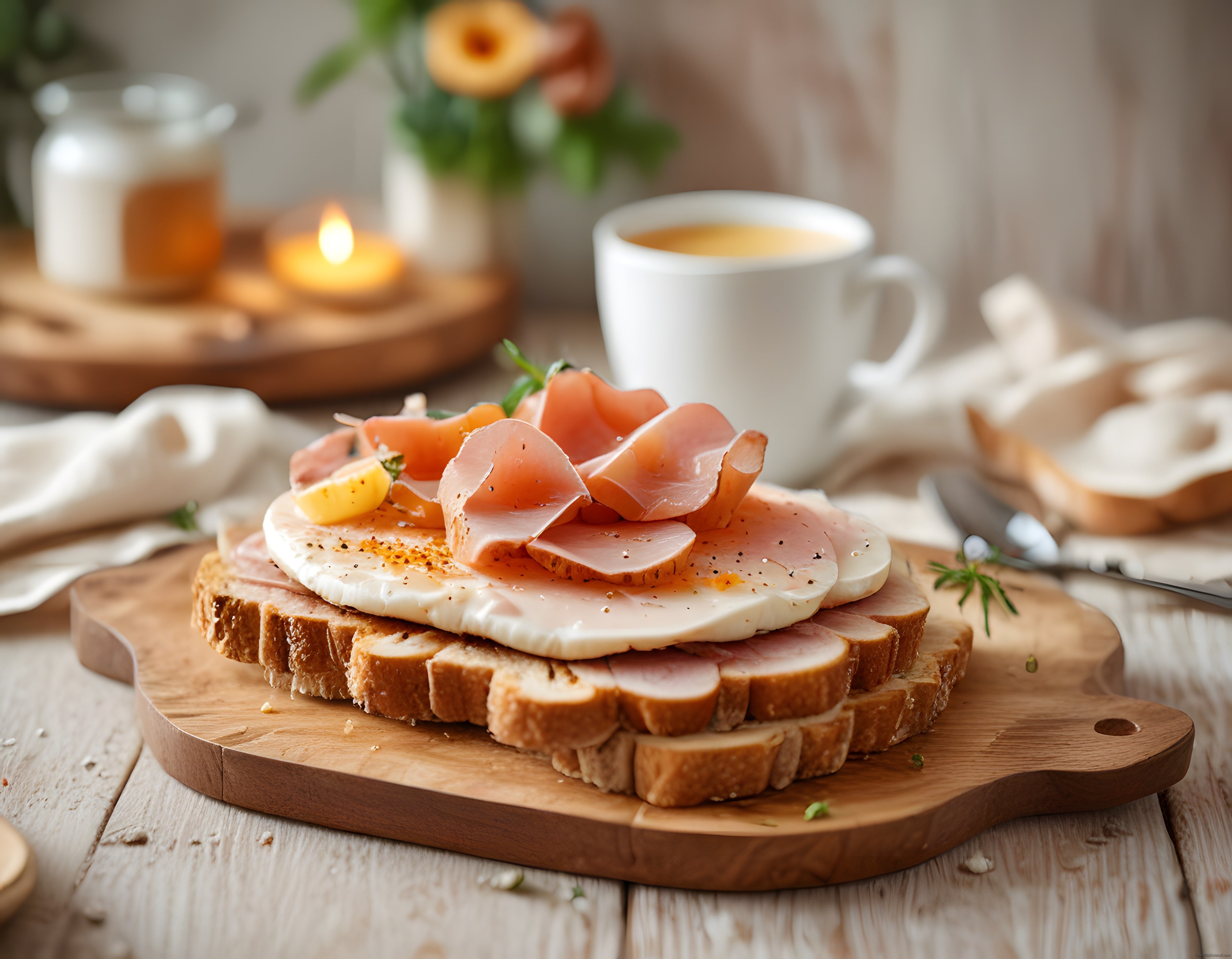 Ahşap Sunum Tahtasında Jambonlu Yumurtalı Ekmek ve Sıcak Çay Keyfi
