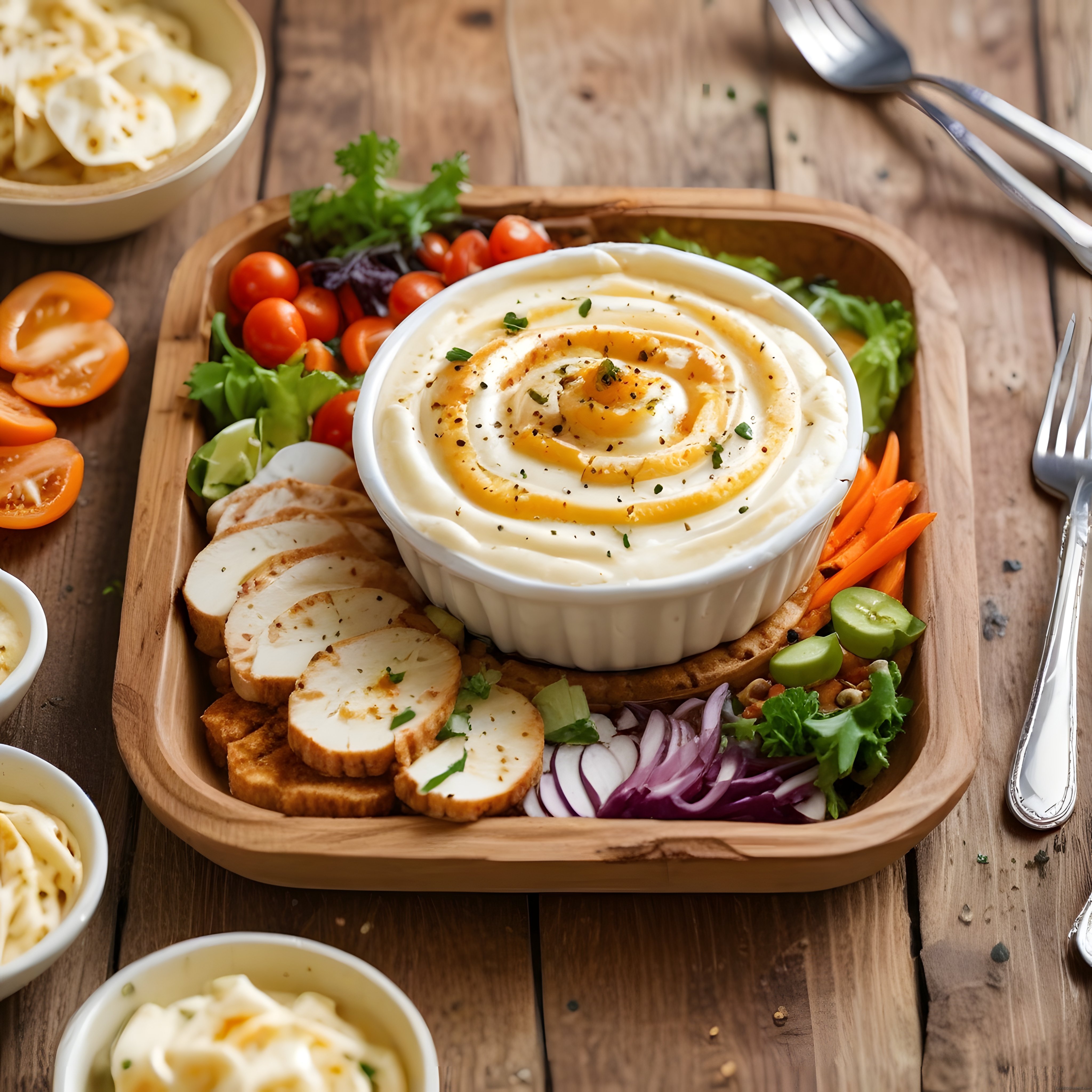 Ahşap Sunum Tahtasında Kahvaltılık Dip Sos ve Izgara Tavuklu Brunch Tabağı