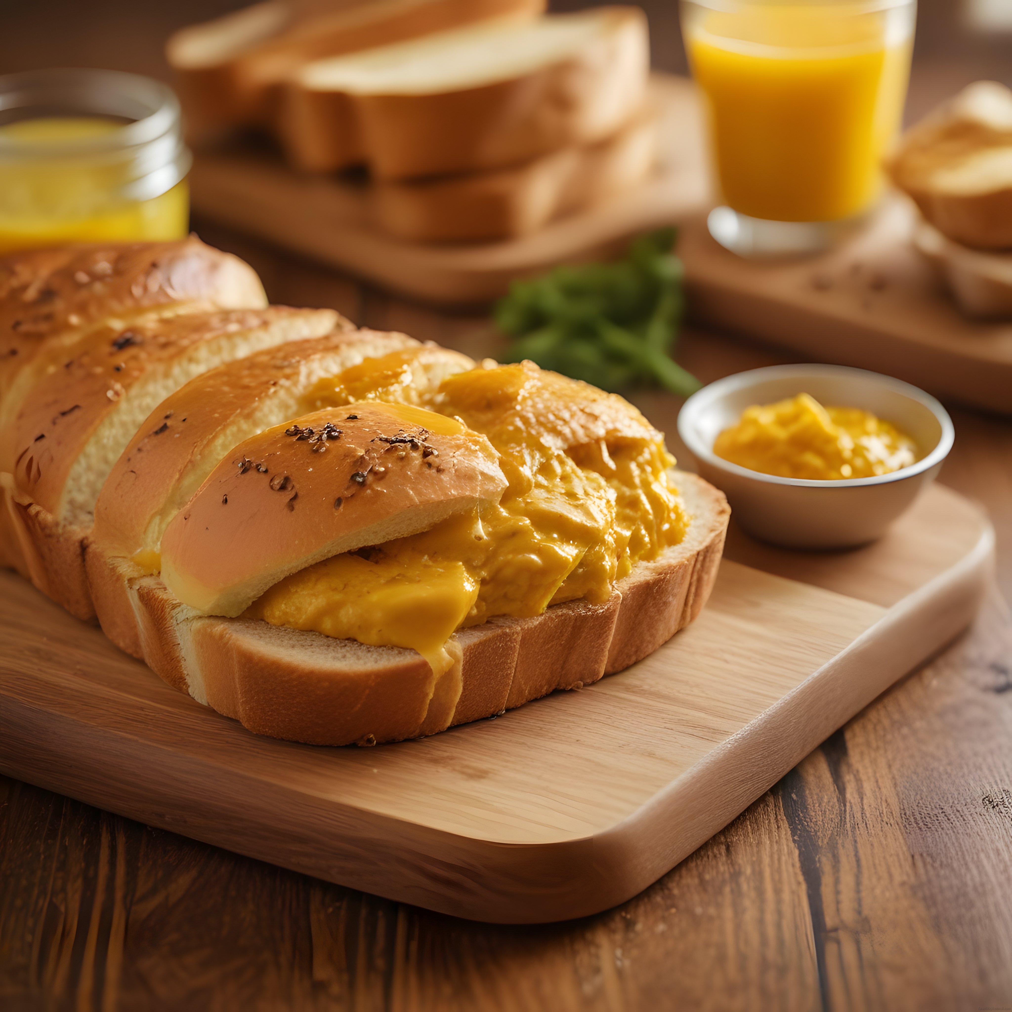 Ahşap Sunum Tahtasında Kahvaltılık Ekmek Üstü Yumurta ve Portakal Suyu