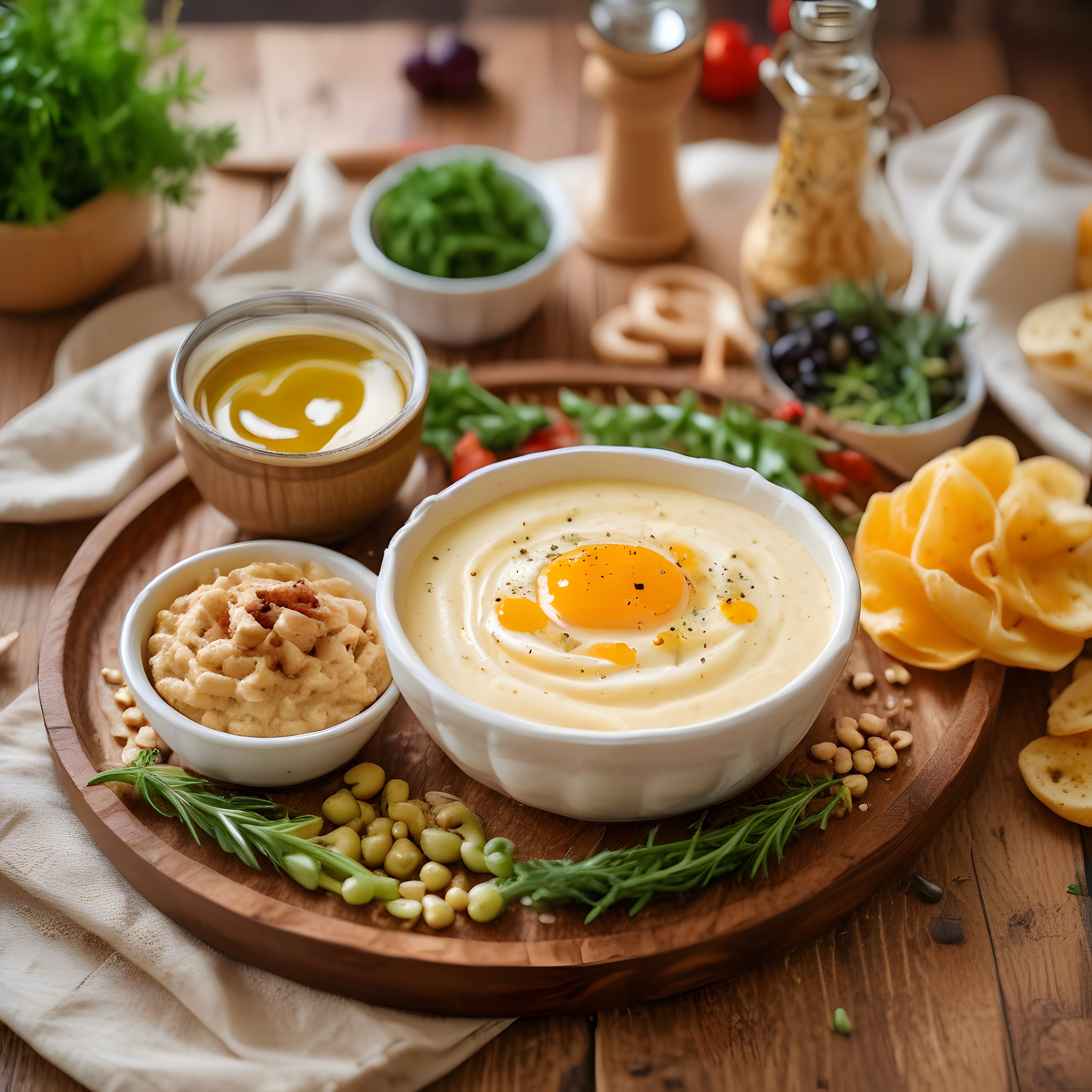 Ahşap Sunum Tahtasında Kahvaltılık Humus ve Taze Meze Çeşitleri