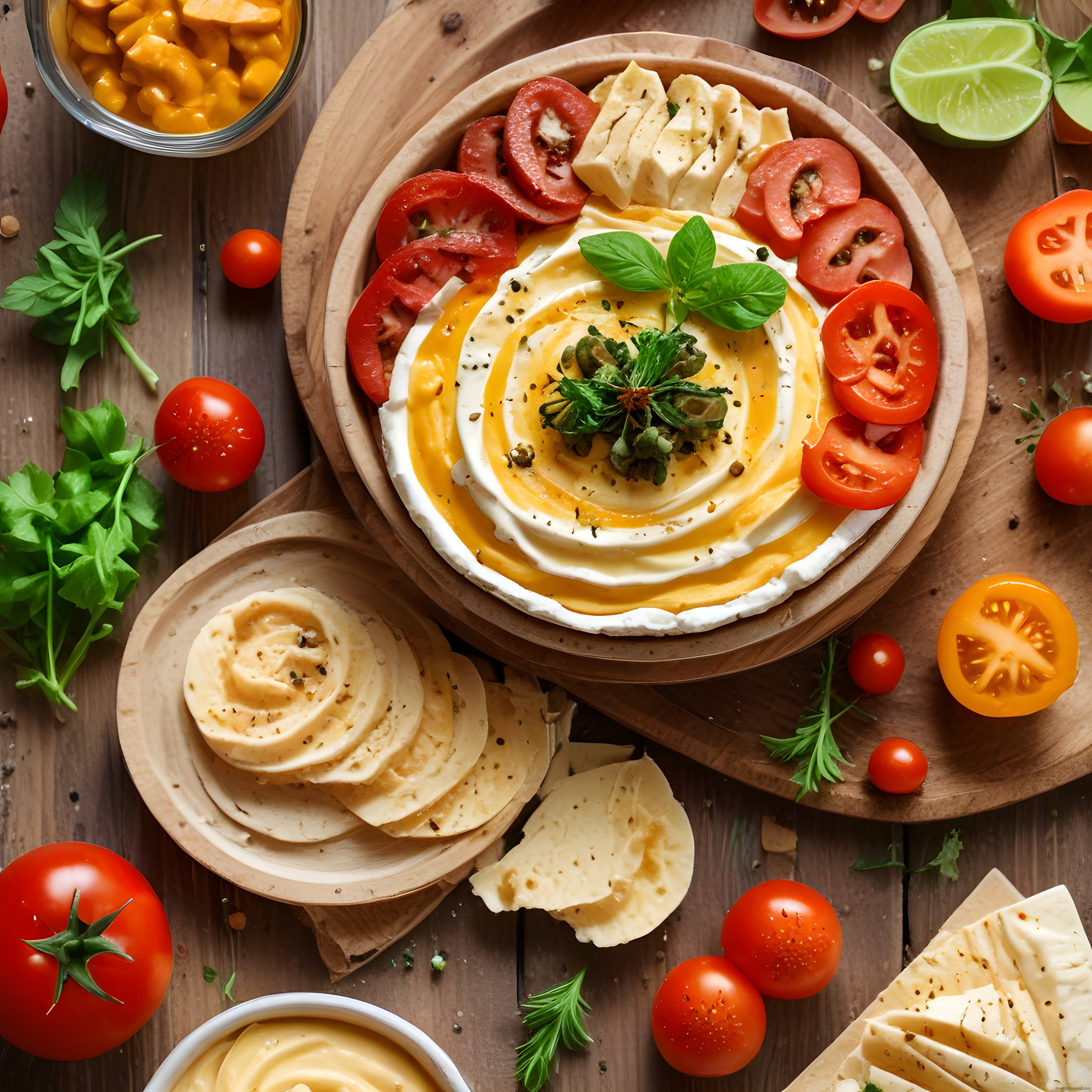 Ahşap Sunum Tahtasında Kahvaltılık Meze, Peynir ve Taze Domates Eşliği