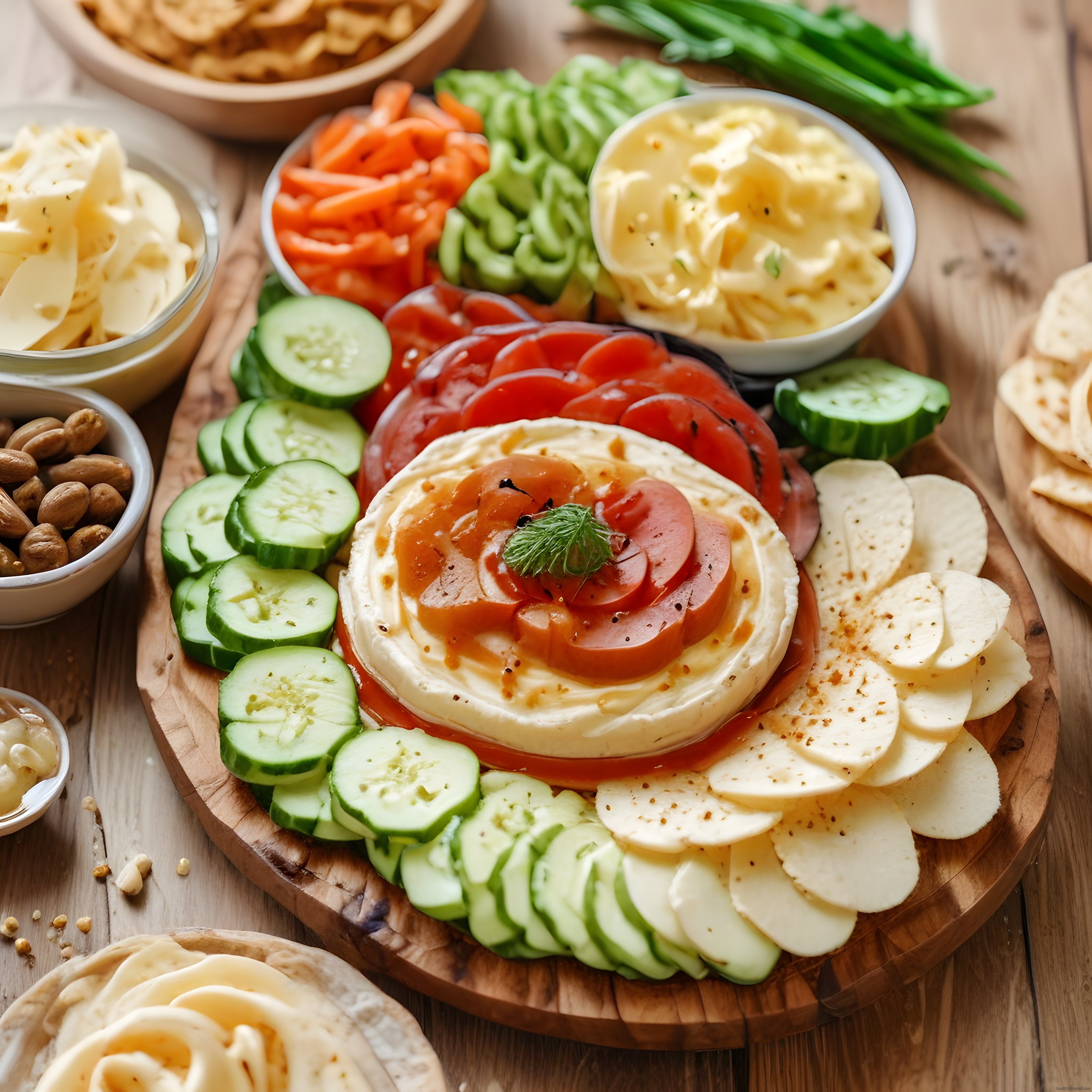Ahşap Sunum Tahtasında Kahvaltılık Peynir Tabağı, Taze Sebzeler ve Humus