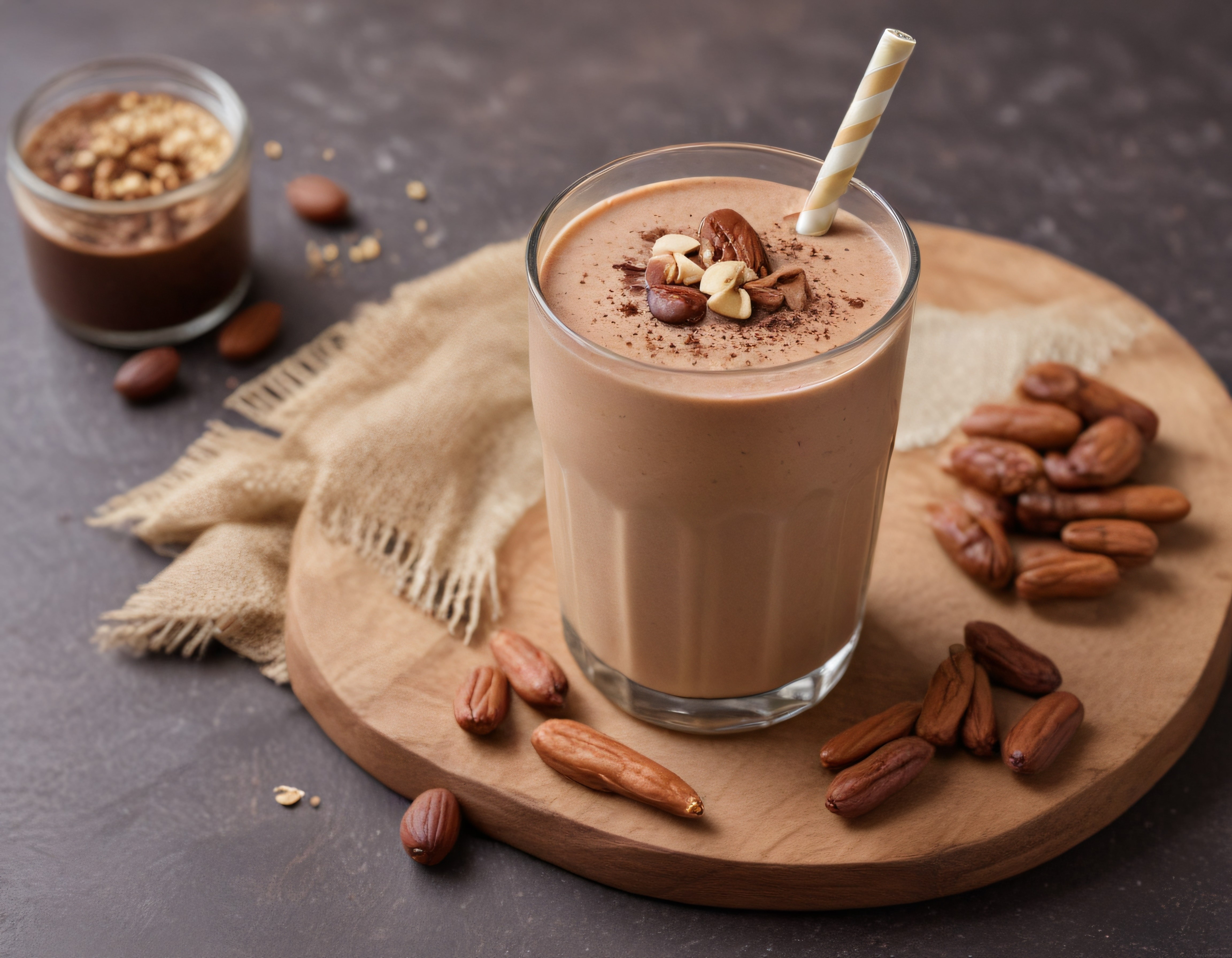 Ahşap sunum tahtasında kakaolu smoothie ve kuruyemişli sağlıklı kahvaltı