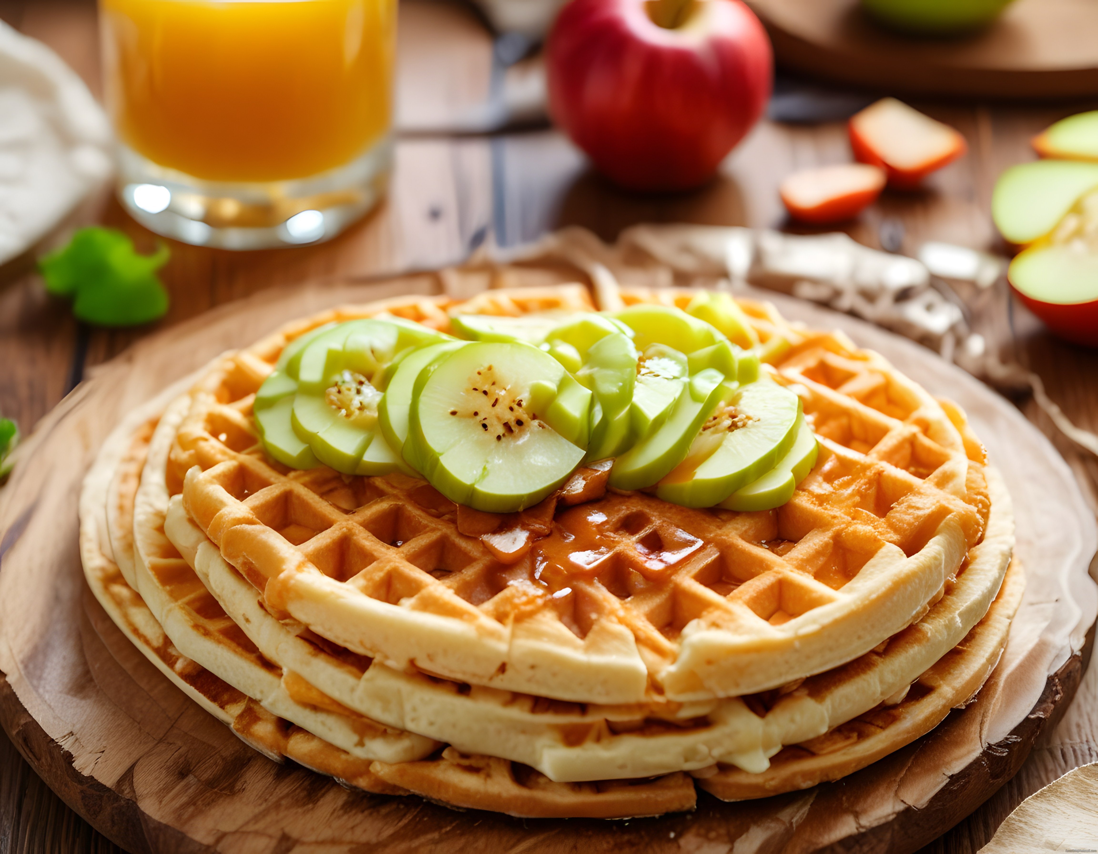 Ahşap Sunum Tahtasında Karamel Soslu Elma Dilimli Waffle Kahvaltısı