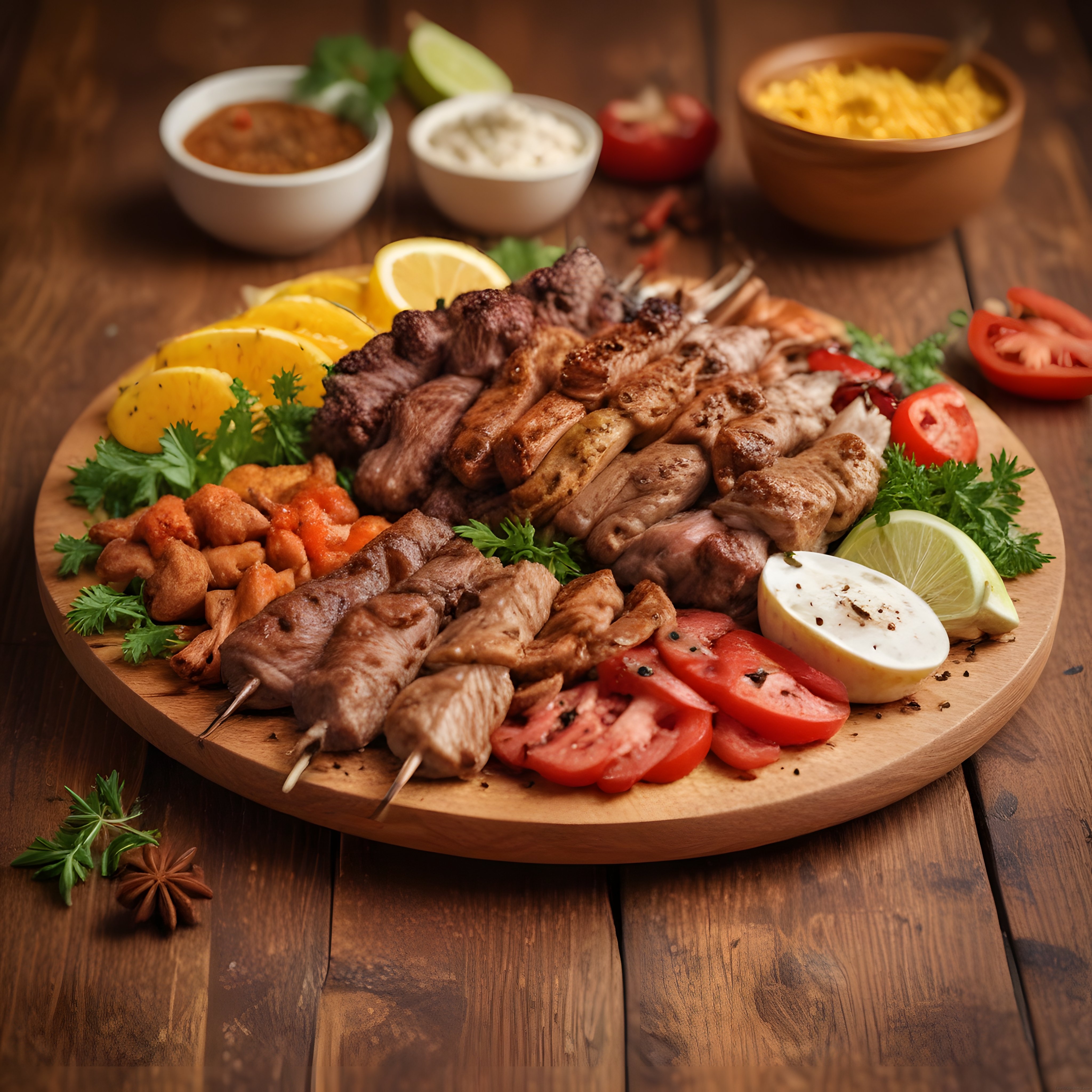 Ahşap Sunum Tahtasında Karışık Izgara Et Tabağı ve Garnitürler