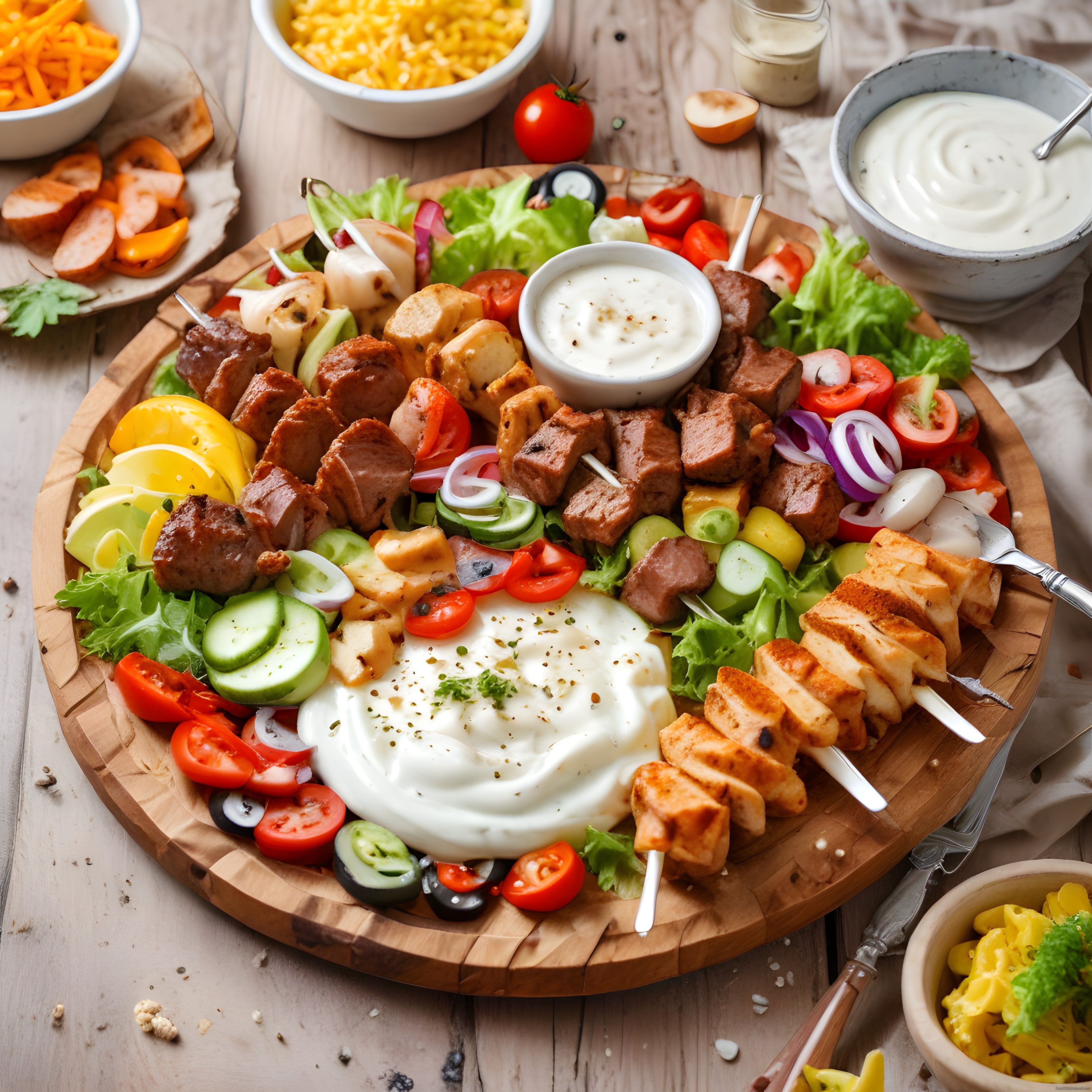 Ahşap Sunum Tahtasında Karışık Izgara Sebze ve Yoğurt Soslu Nefis Sofra