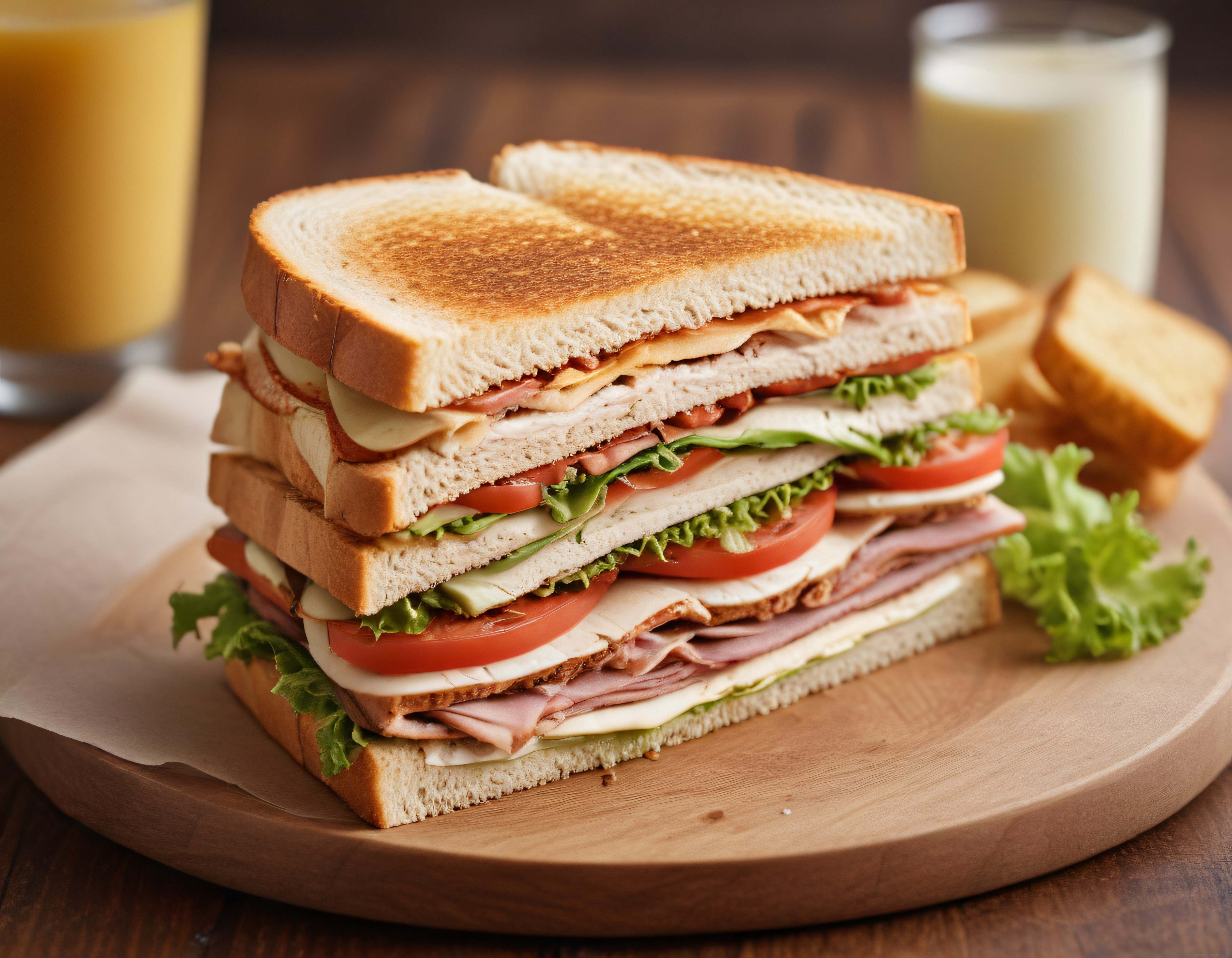 Ahşap Sunum Tahtasında Kat Kat Club Sandviç ve Taze Portakal Suyu