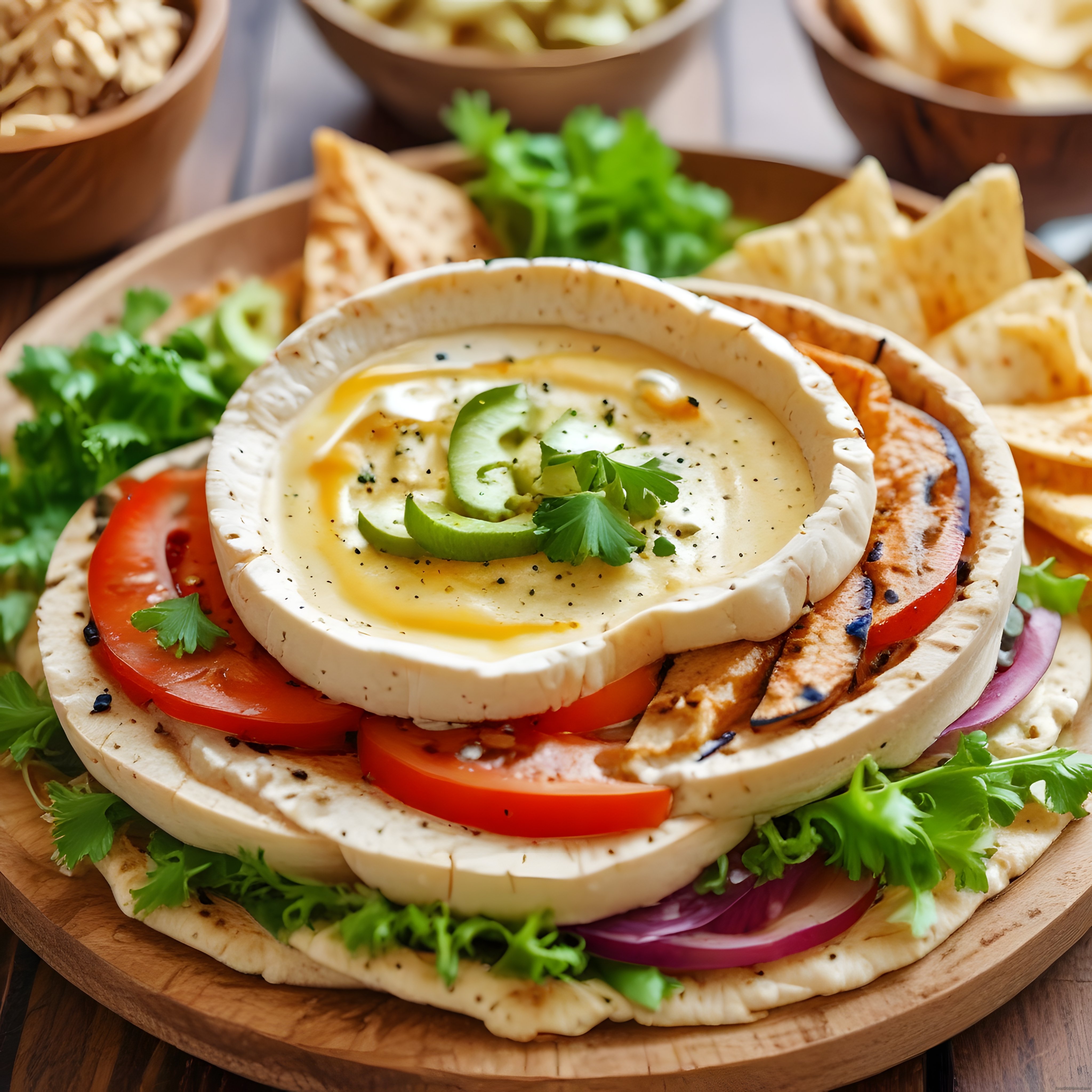 Ahşap sunum tahtasında katlı tavuklu peynirli lavaş, humus ve taze sebzeler