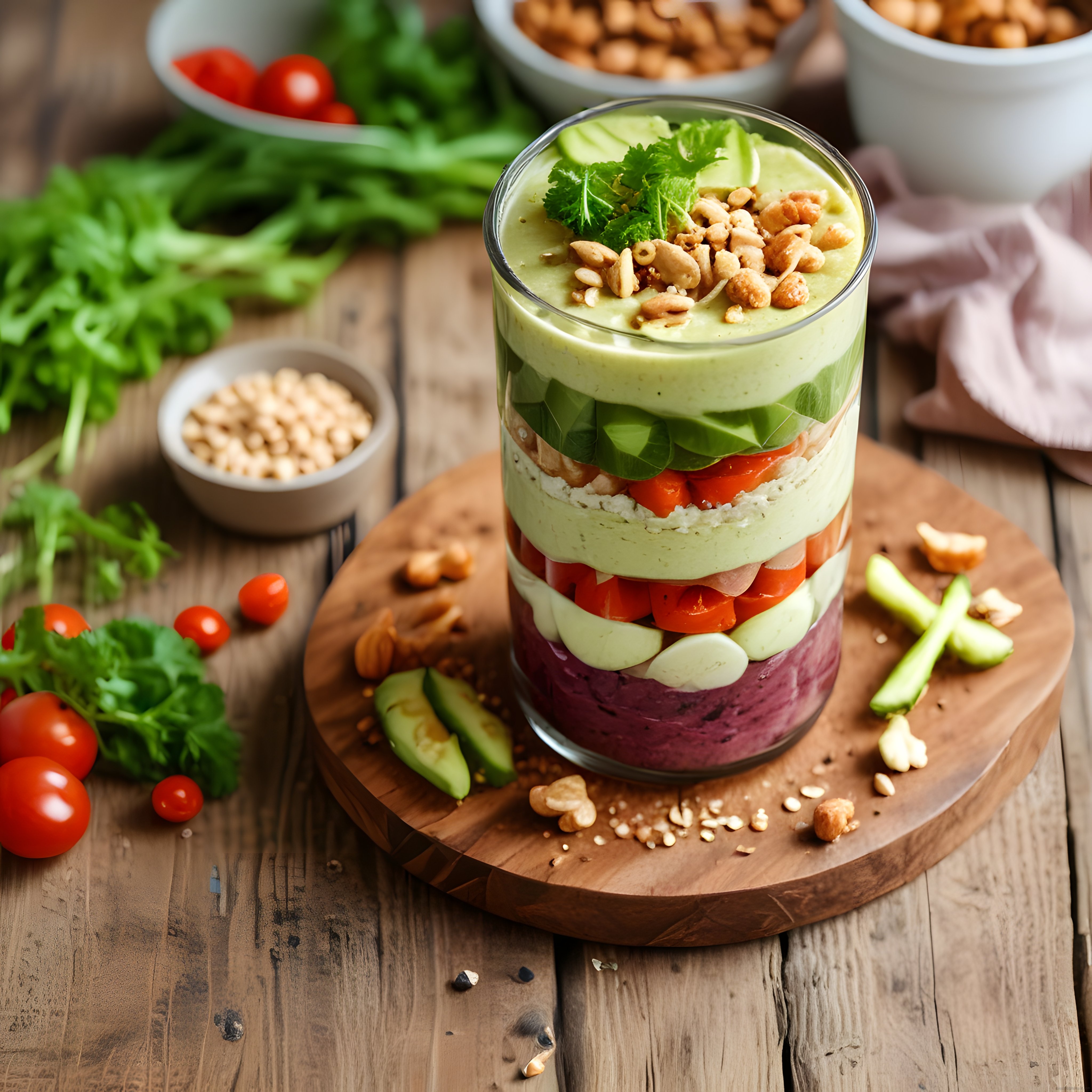 Ahşap Sunum Tahtasında Katmanlı Vegan Salata Kasesi ve Taze Malzemeler