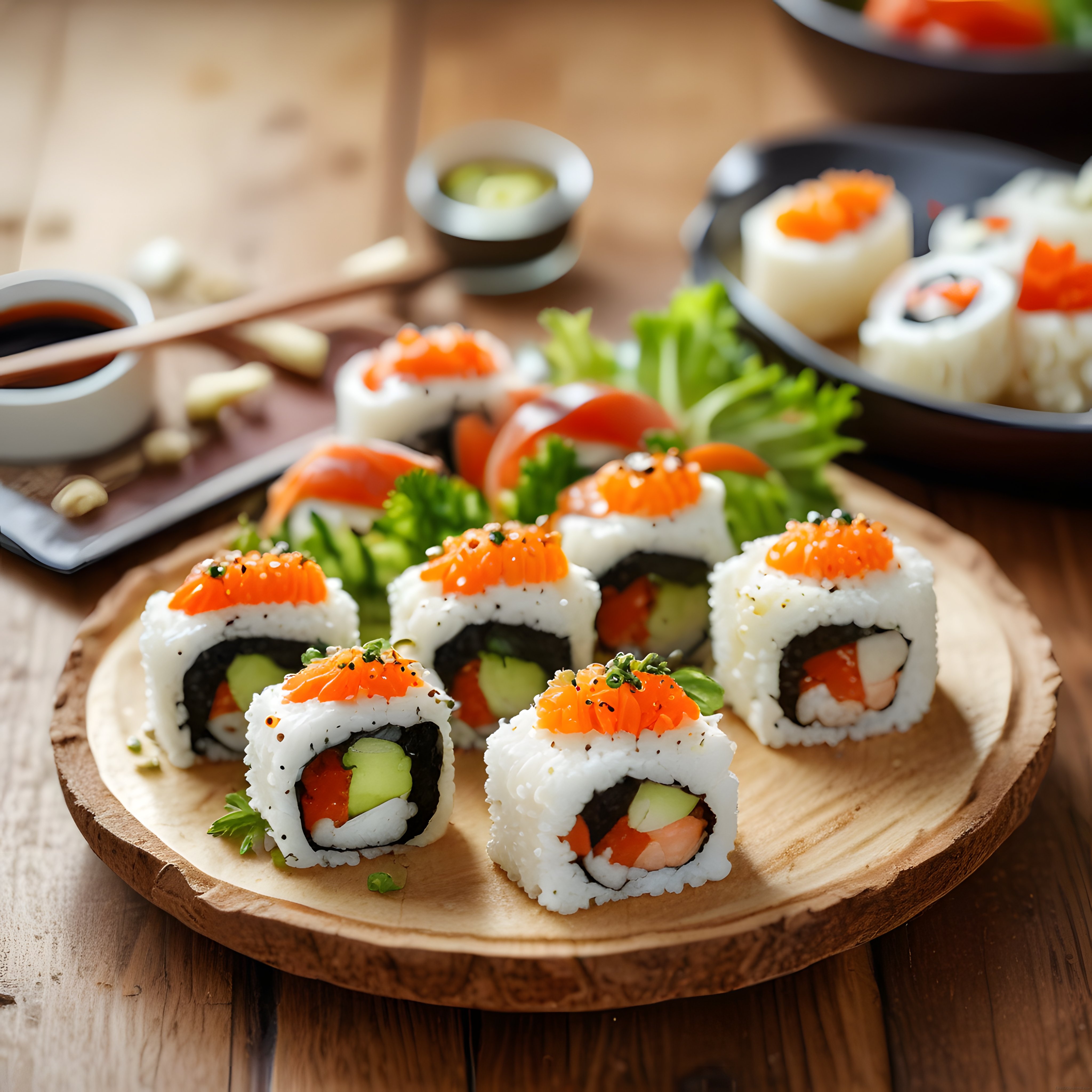 Ahşap Sunum Tahtasında Kaviarlı ve Somonlu Taze Sushi Makileri