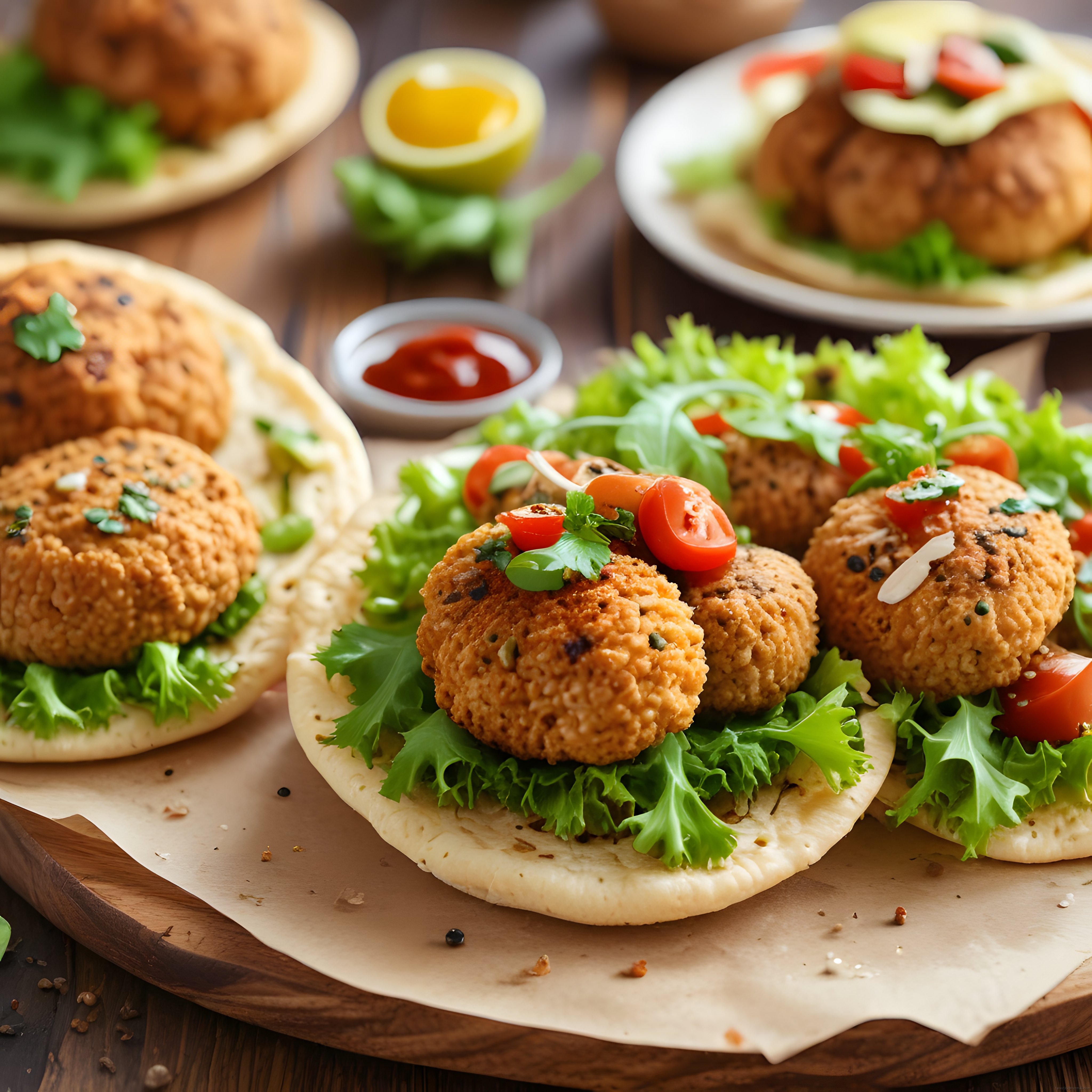 Ahşap Sunum Tahtasında Kıtır Falafel ve Yeşilliklerle Lavaş Servisi