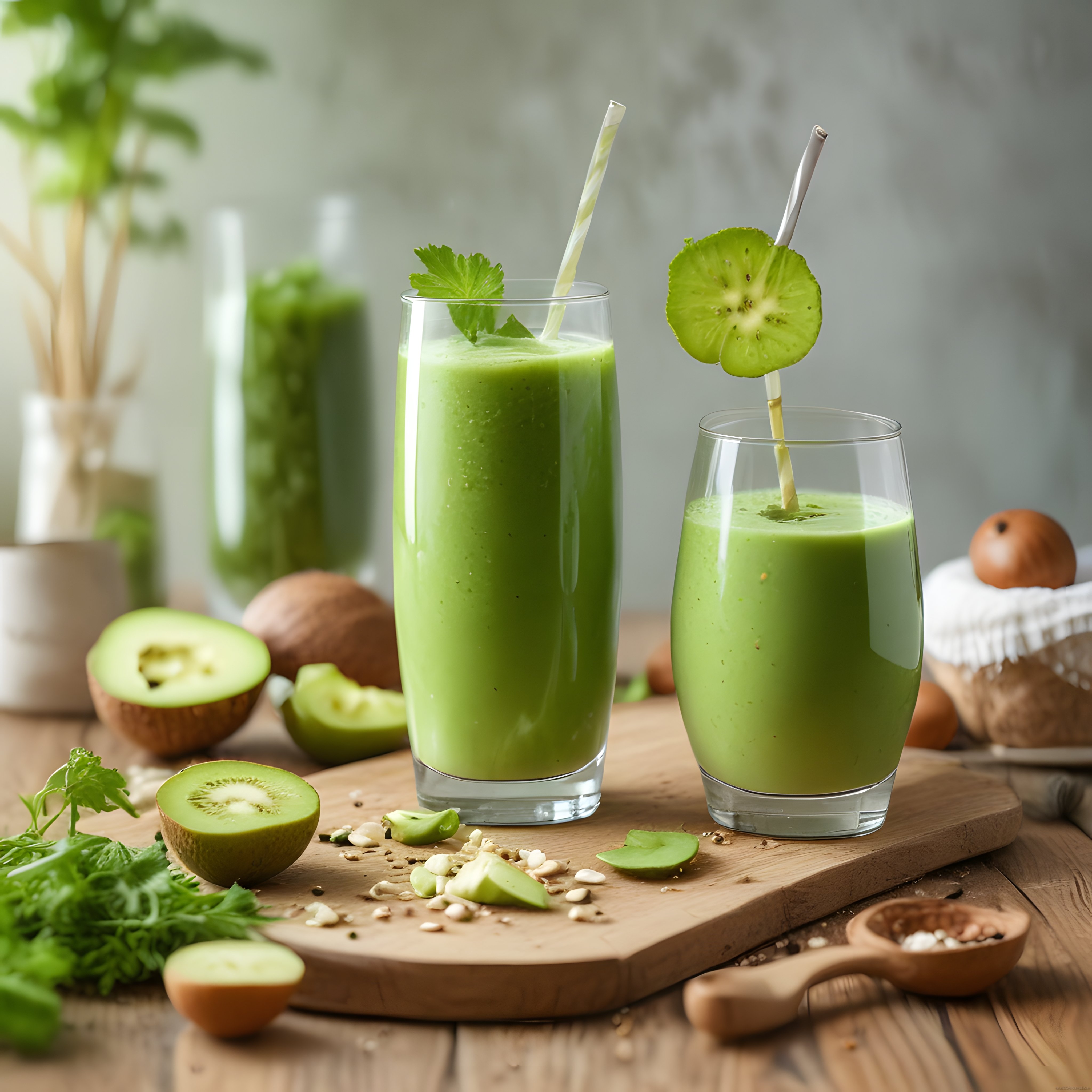 Ahşap sunum tahtasında kivili avokadolu yeşil smoothie servisi