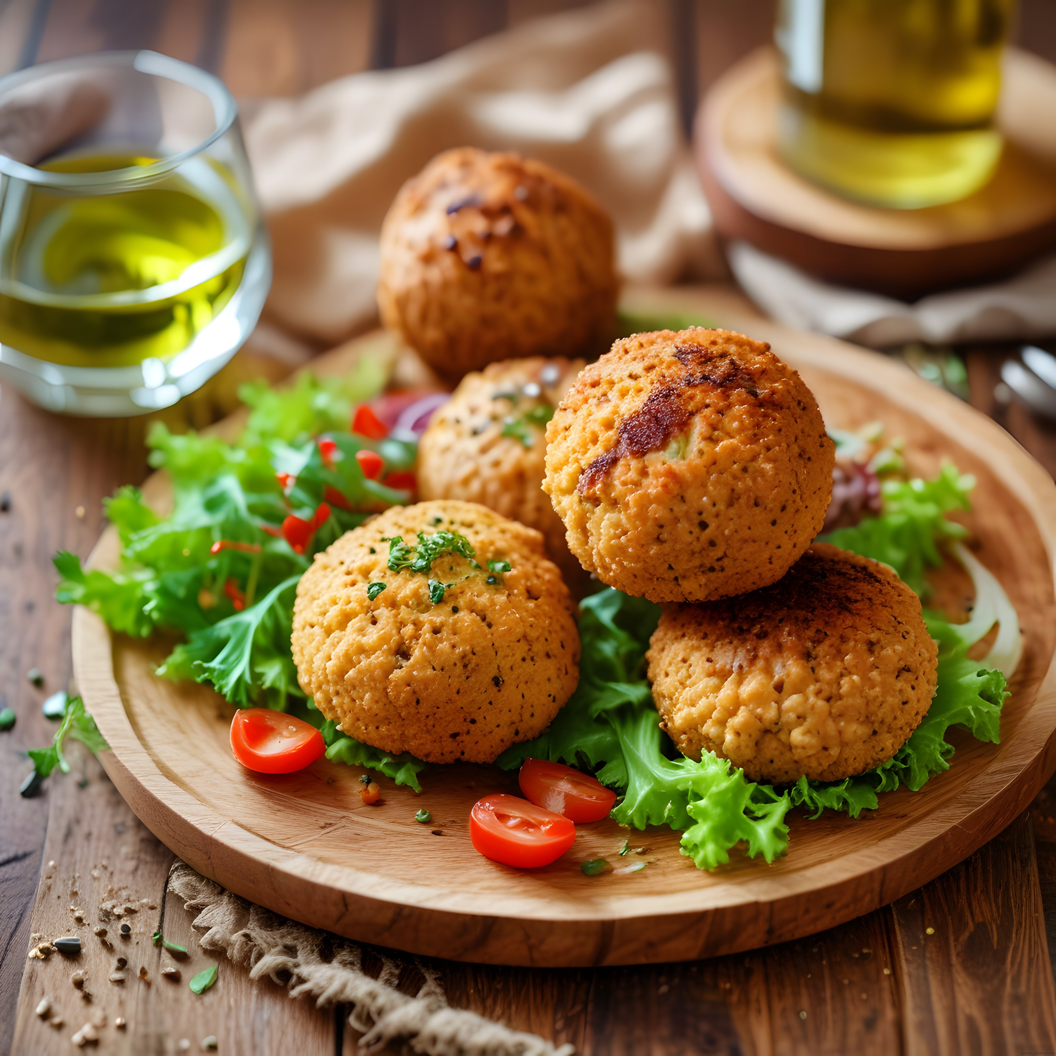 Ahşap Sunum Tahtasında Kızarmış Çıtır Köfte Kroket ve Taze Yeşil Salata