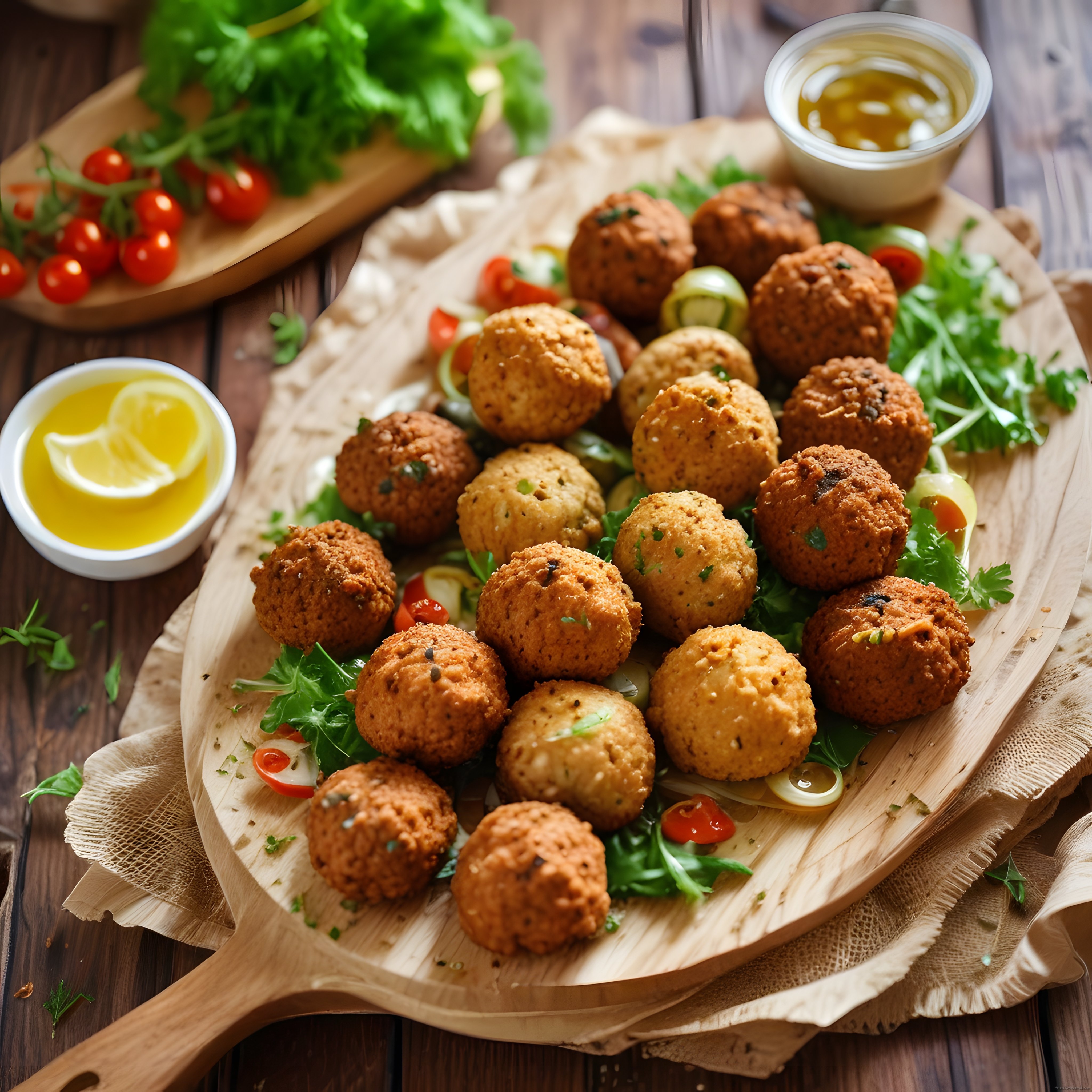 Ahşap Sunum Tahtasında Kızarmış Falafel Topları ve Limonlu Soslar