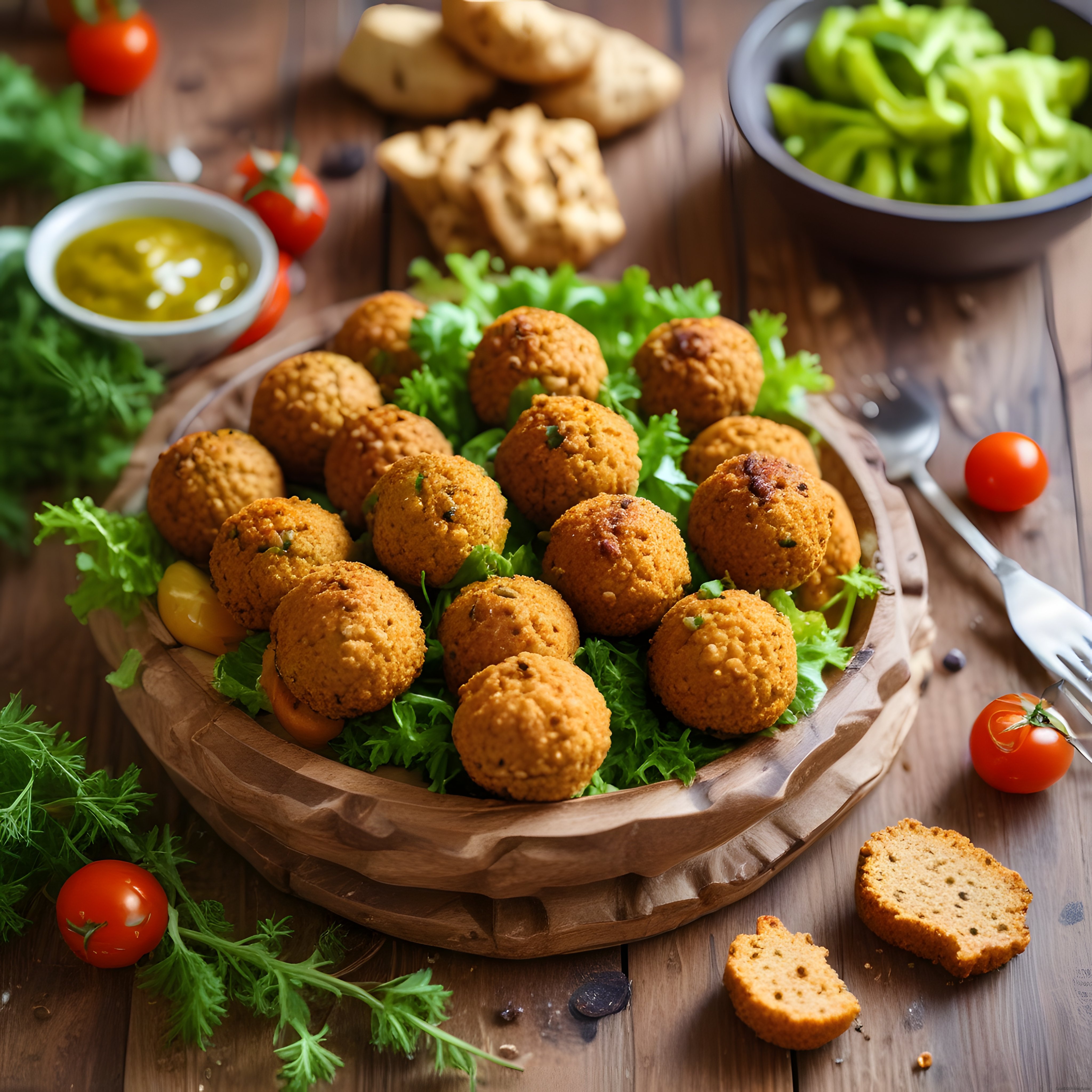 Ahşap Sunum Tahtasında Kızarmış Falafel Topları ve Taze Yeşillikler