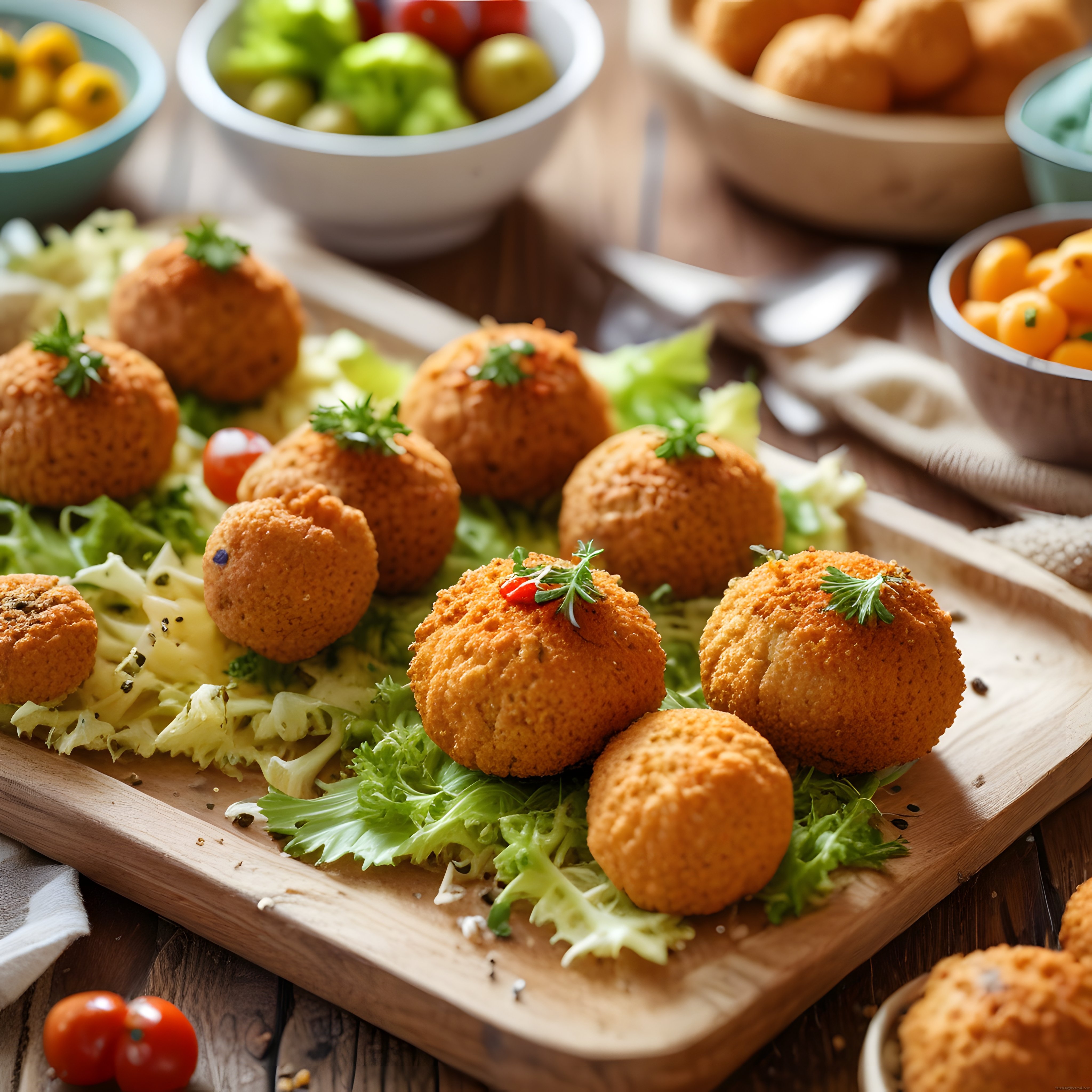 Ahşap Sunum Tahtasında Kızarmış Kroketler ve Taze Yeşilliklerle Göz Alıcı Tabak
