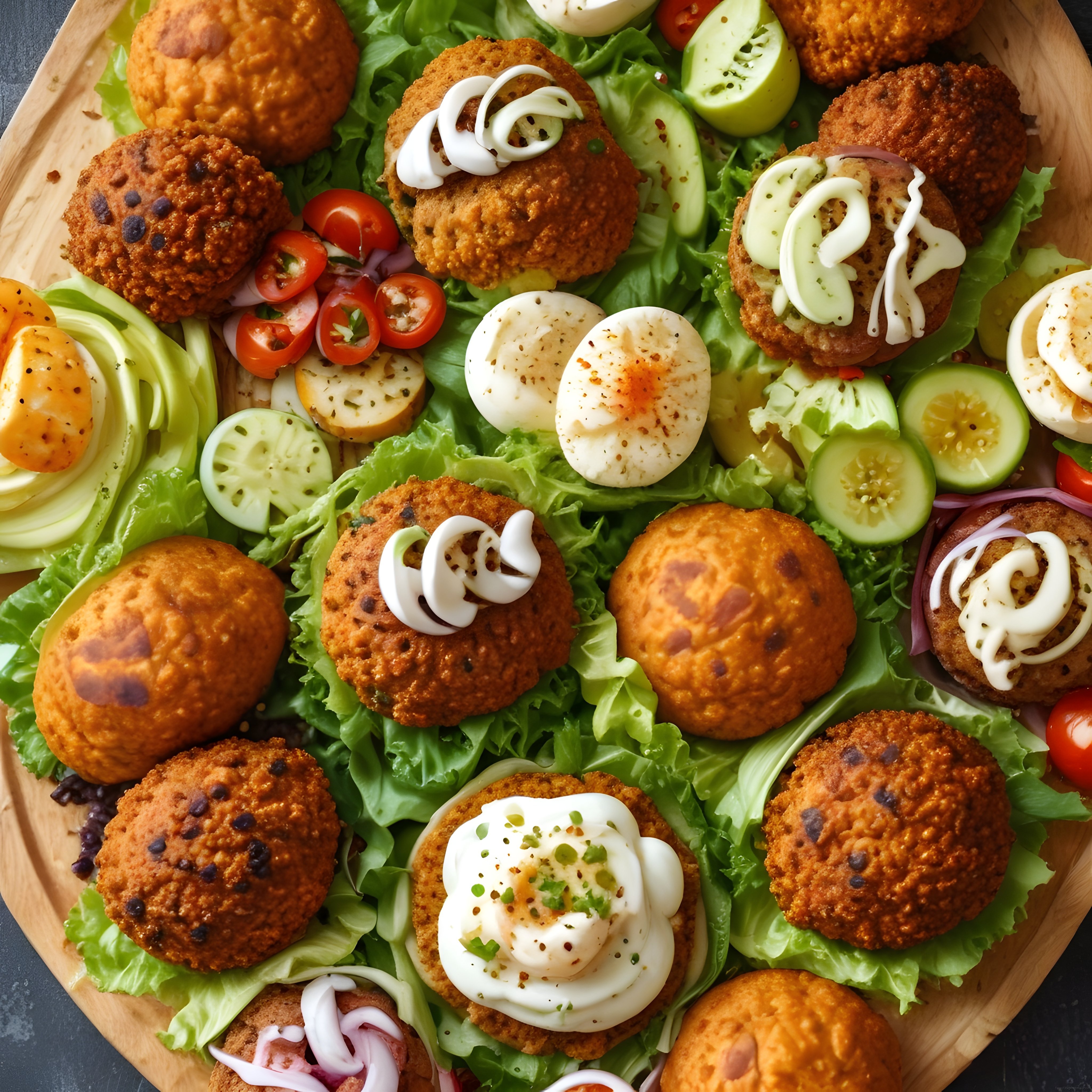Ahşap Sunum Tahtasında Kızarmış Toplar ve Yumurta ile Renkli Brunch