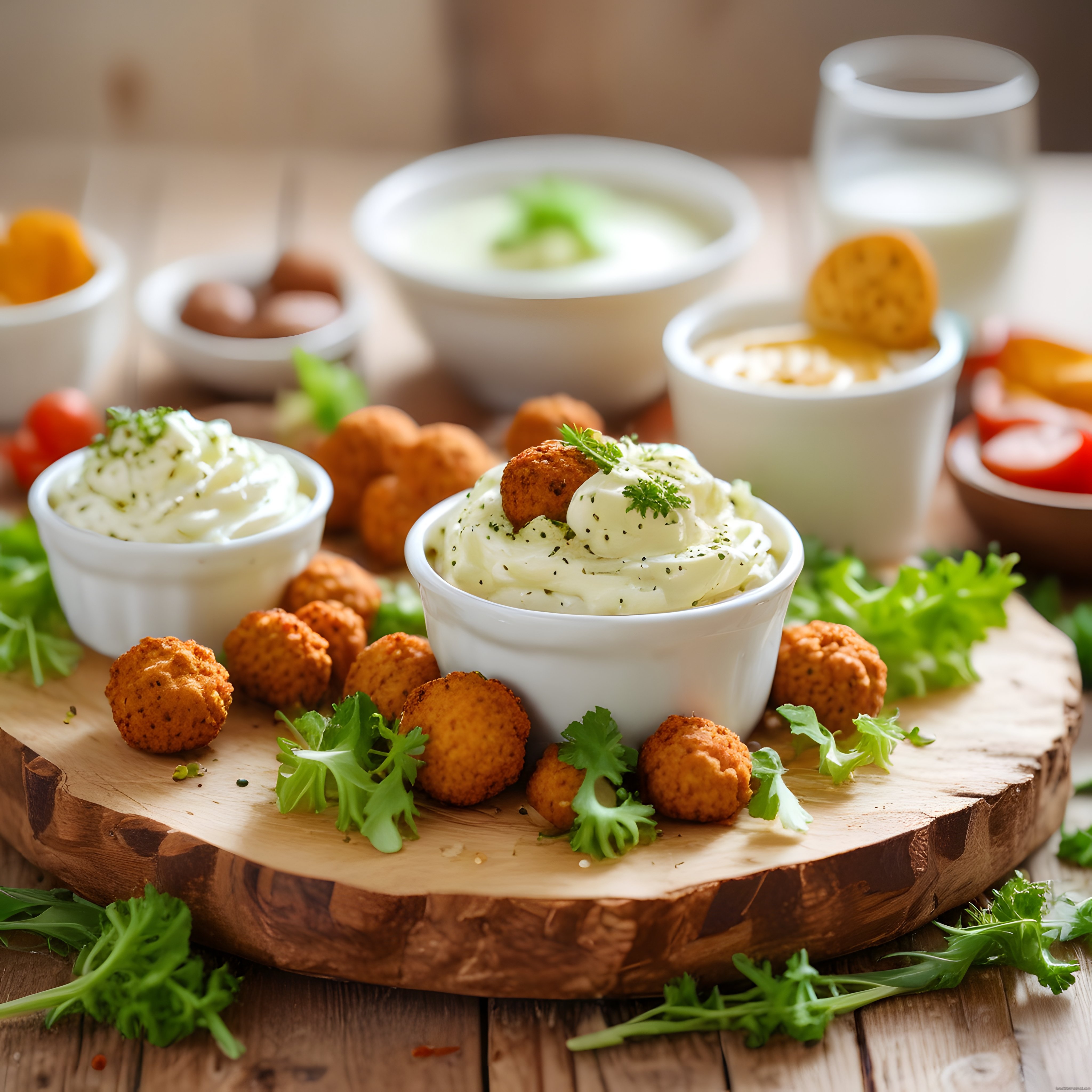 Ahşap Sunum Tahtasında Krem Peynirli Dip ve Çıtır Atıştırmalık Topları