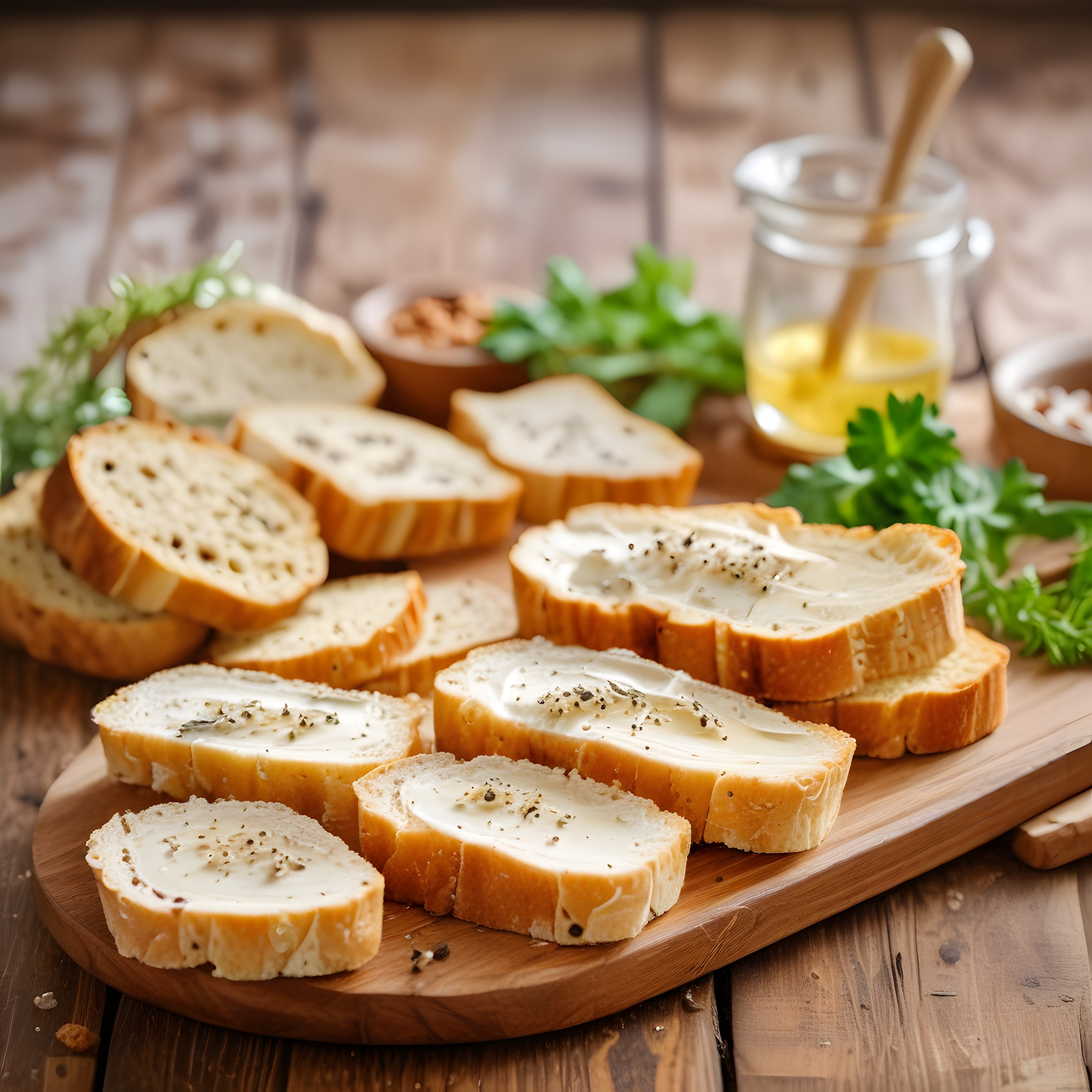 Ahşap Sunum Tahtasında Krem Peynirli ve Baharatlı Taze Ekmek Dilimleri