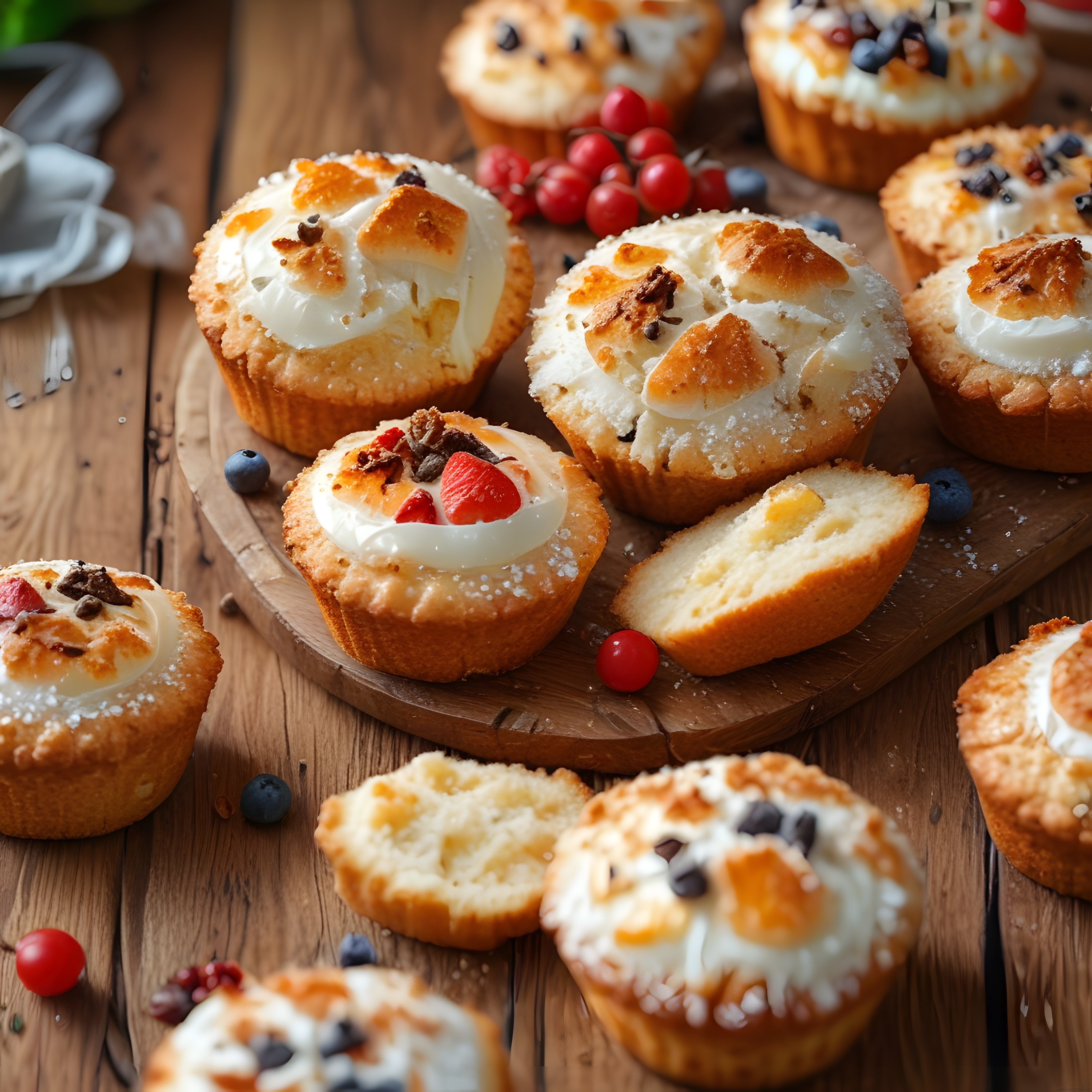 Ahşap Sunum Tahtasında Krema ve Taze Meyvelerle Süslenmiş Muffinler