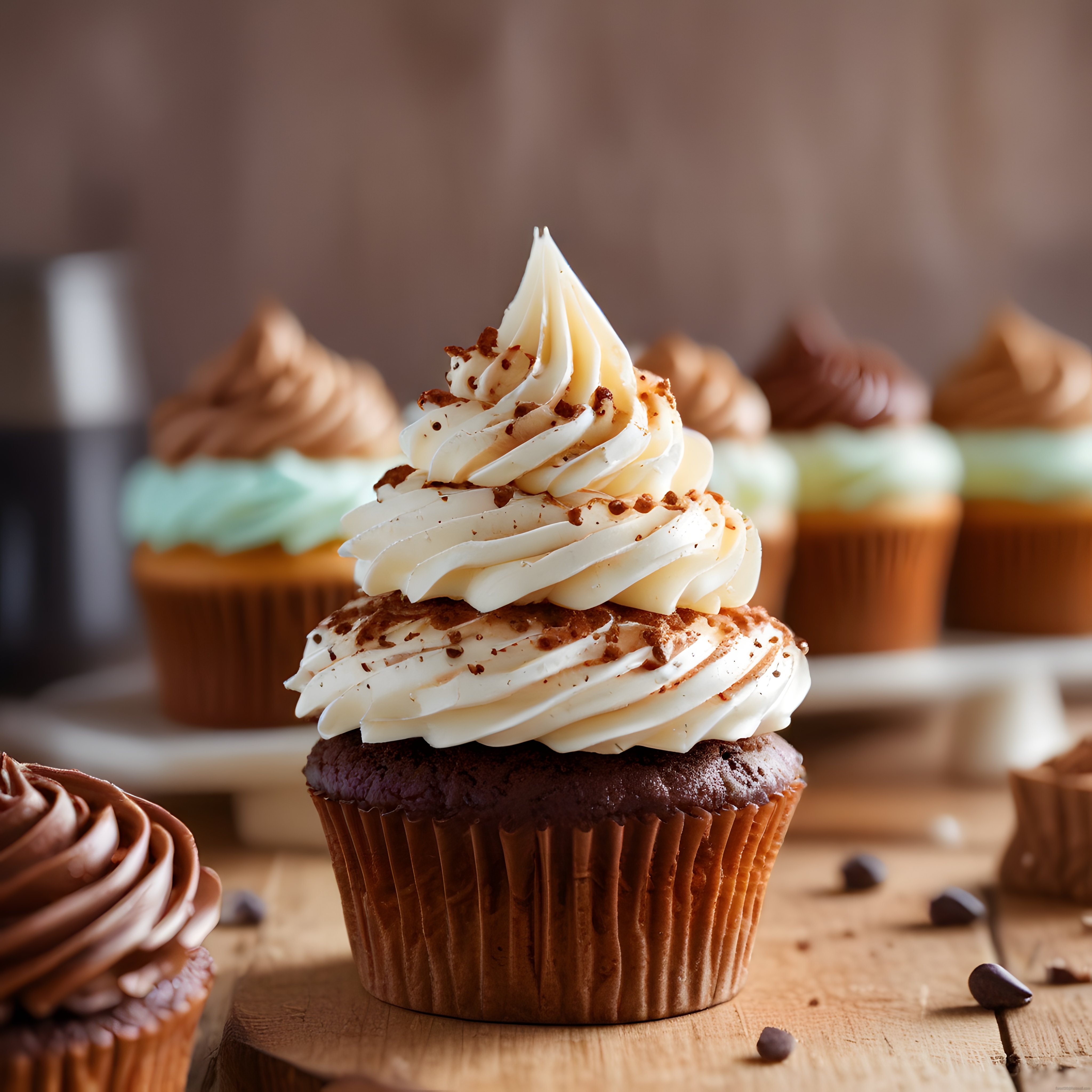 Ahşap Sunum Tahtasında Kremalı Cupcake ve Arka Planda Renkli Tatlı Çeşitleri