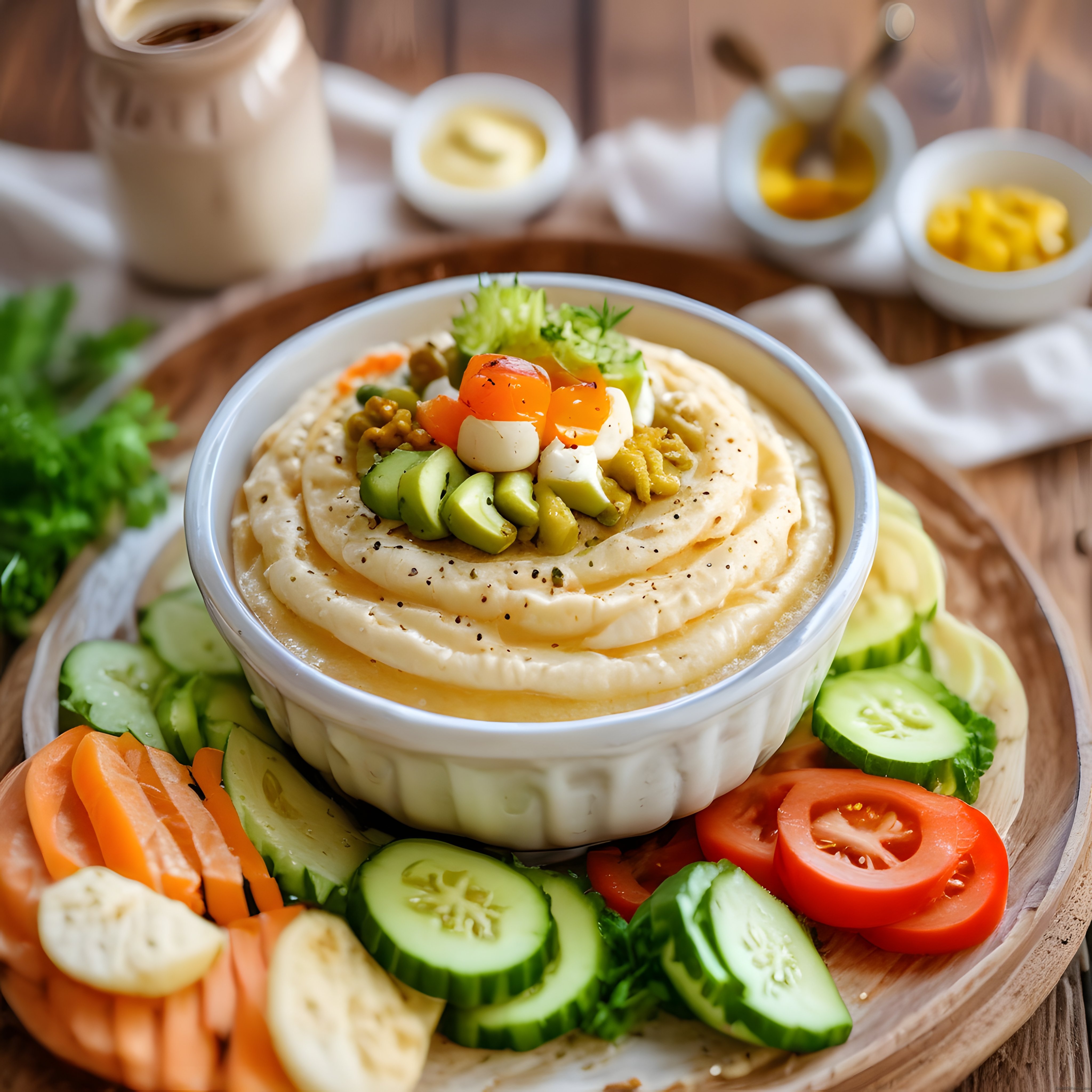 Ahşap Sunum Tahtasında Kremalı Humus ve Taze Sebze Dilimleriyle Sağlıklı Tabak