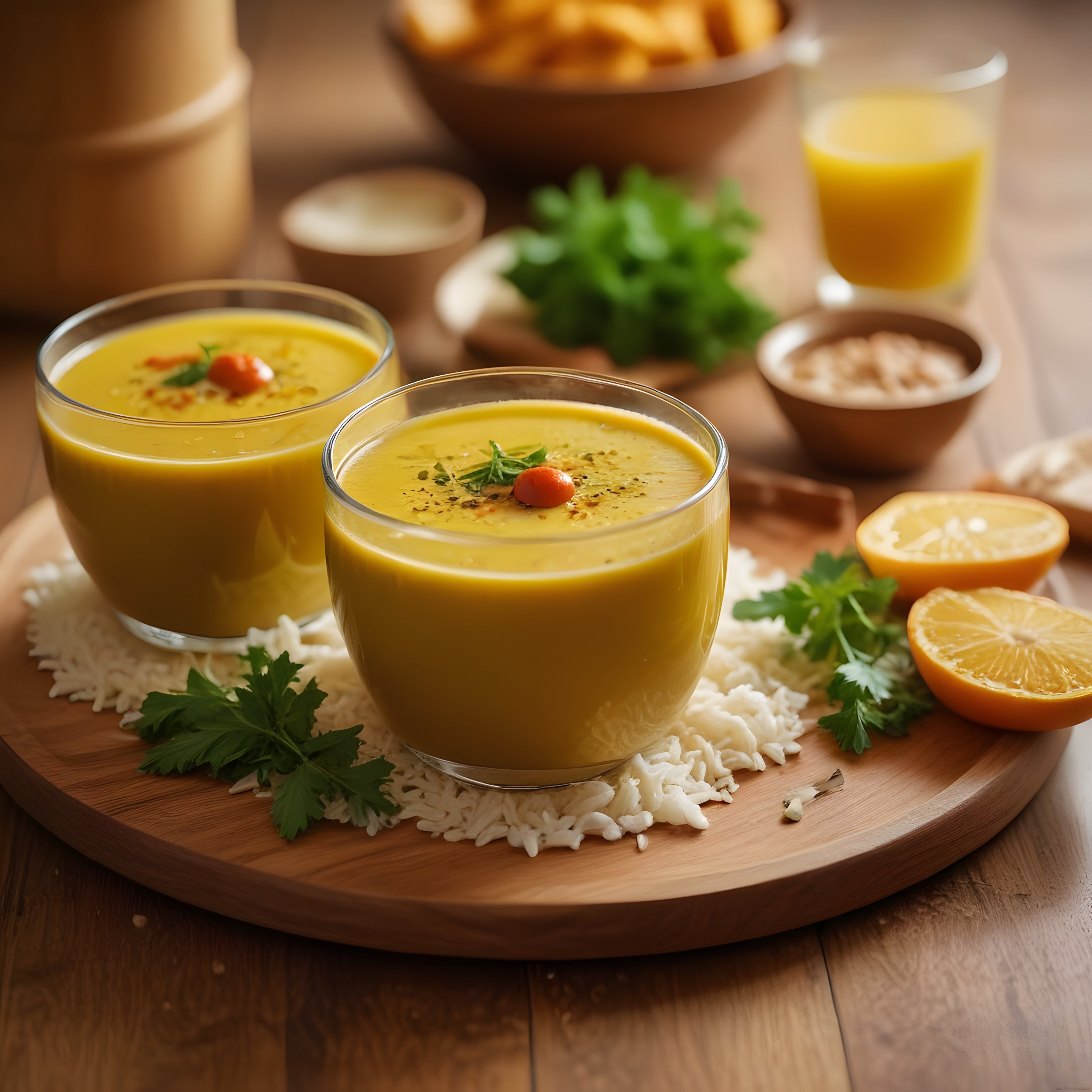 Ahşap Sunum Tahtasında Kremalı Mercimek Çorbası, Pilav ve Taze Limon