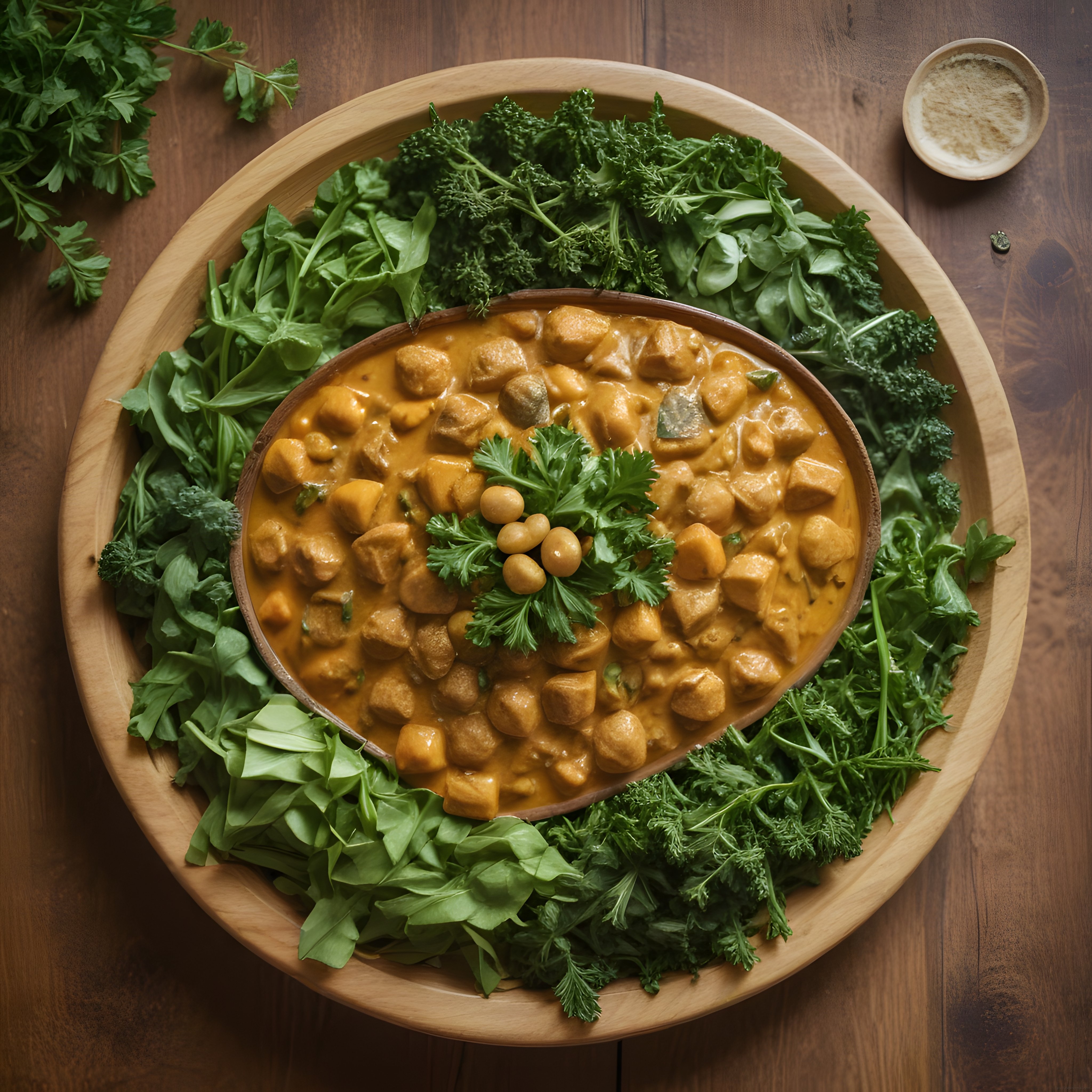 Ahşap sunum tahtasında kremalı nohutlu mantarlı vegan yemek tarifi