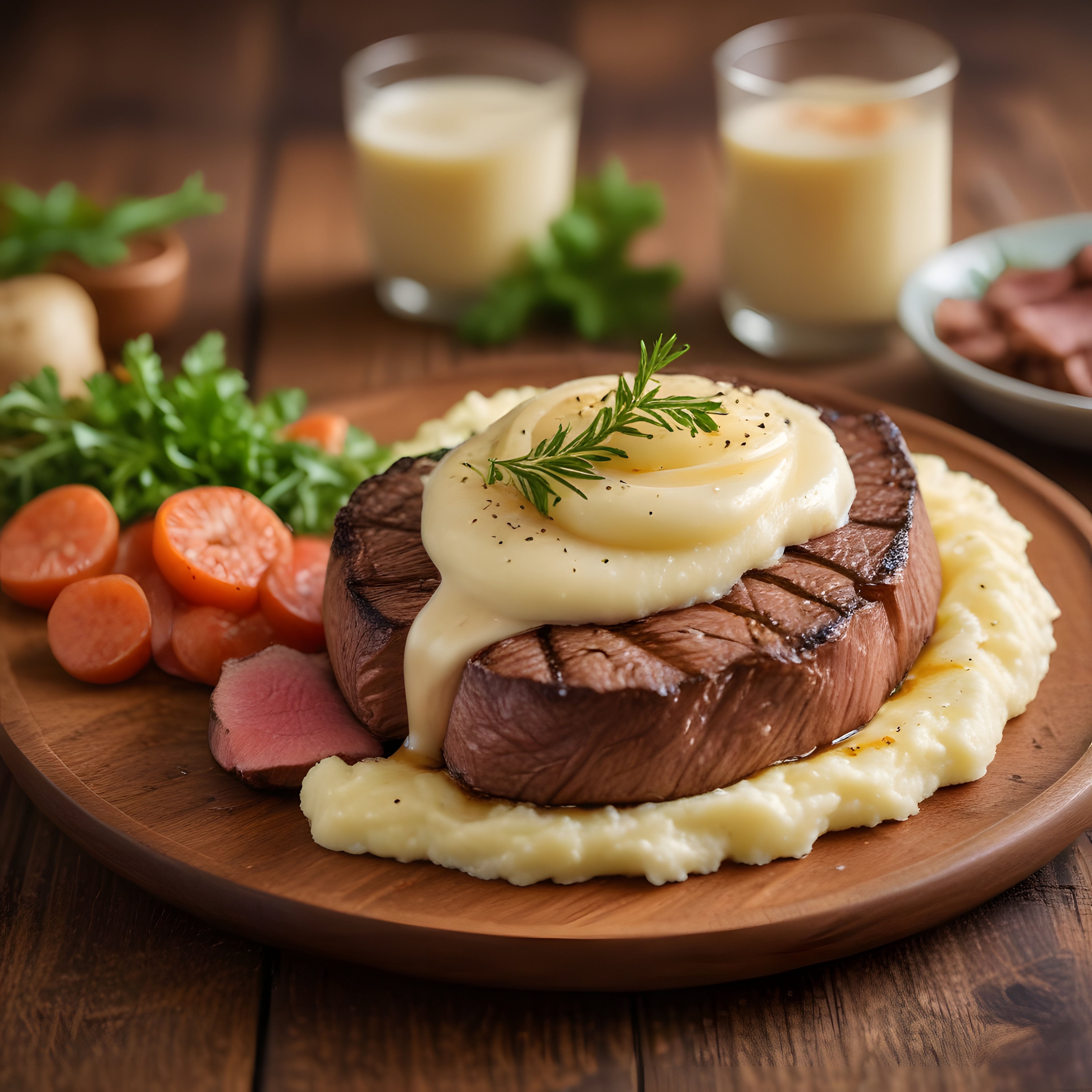 Ahşap Sunum Tahtasında Kremalı Soslu Izgara Biftek ve Patates Püresi