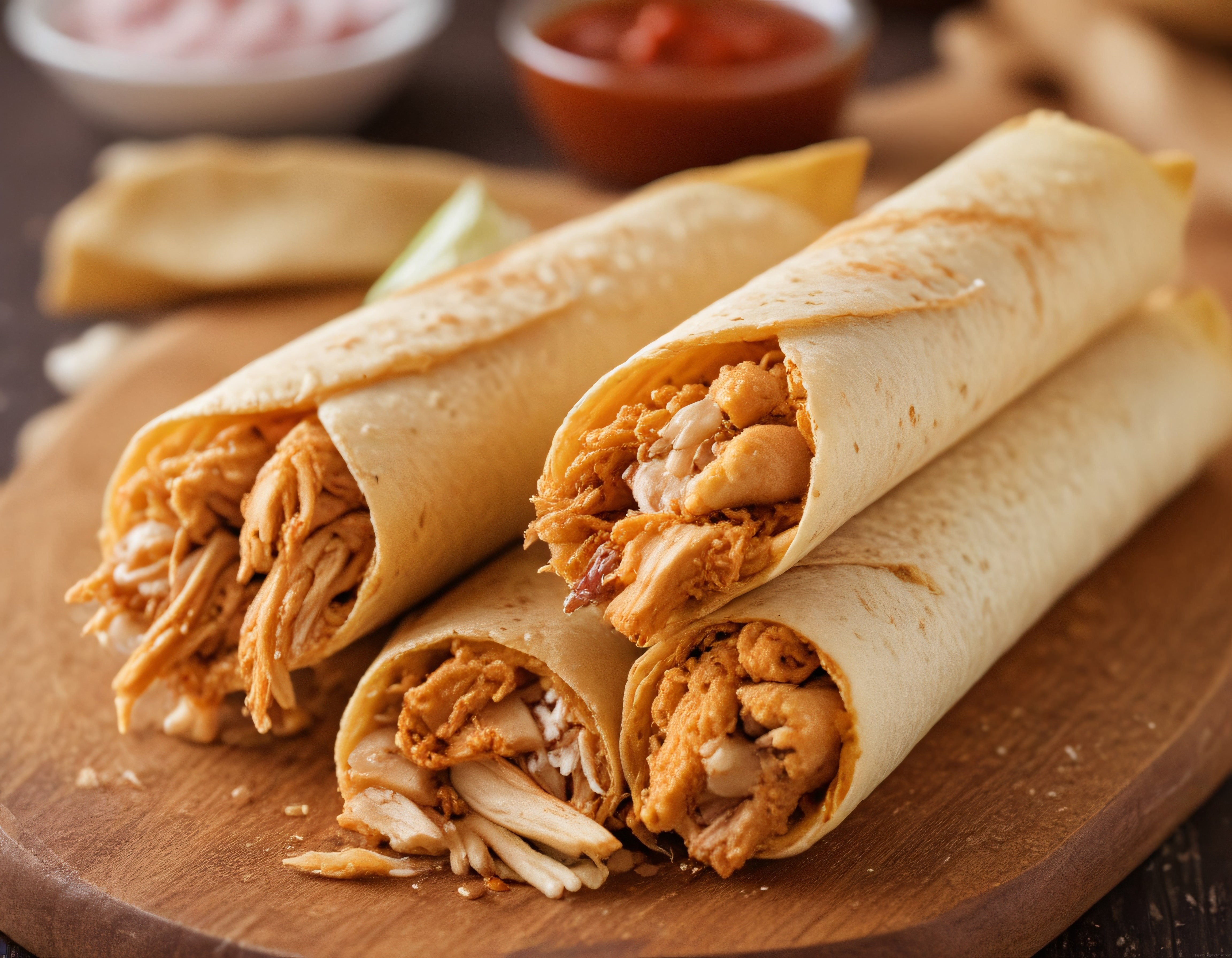 Ahşap Sunum Tahtasında Kremalı Tavuklu Burrito Wrap ve Soslar
