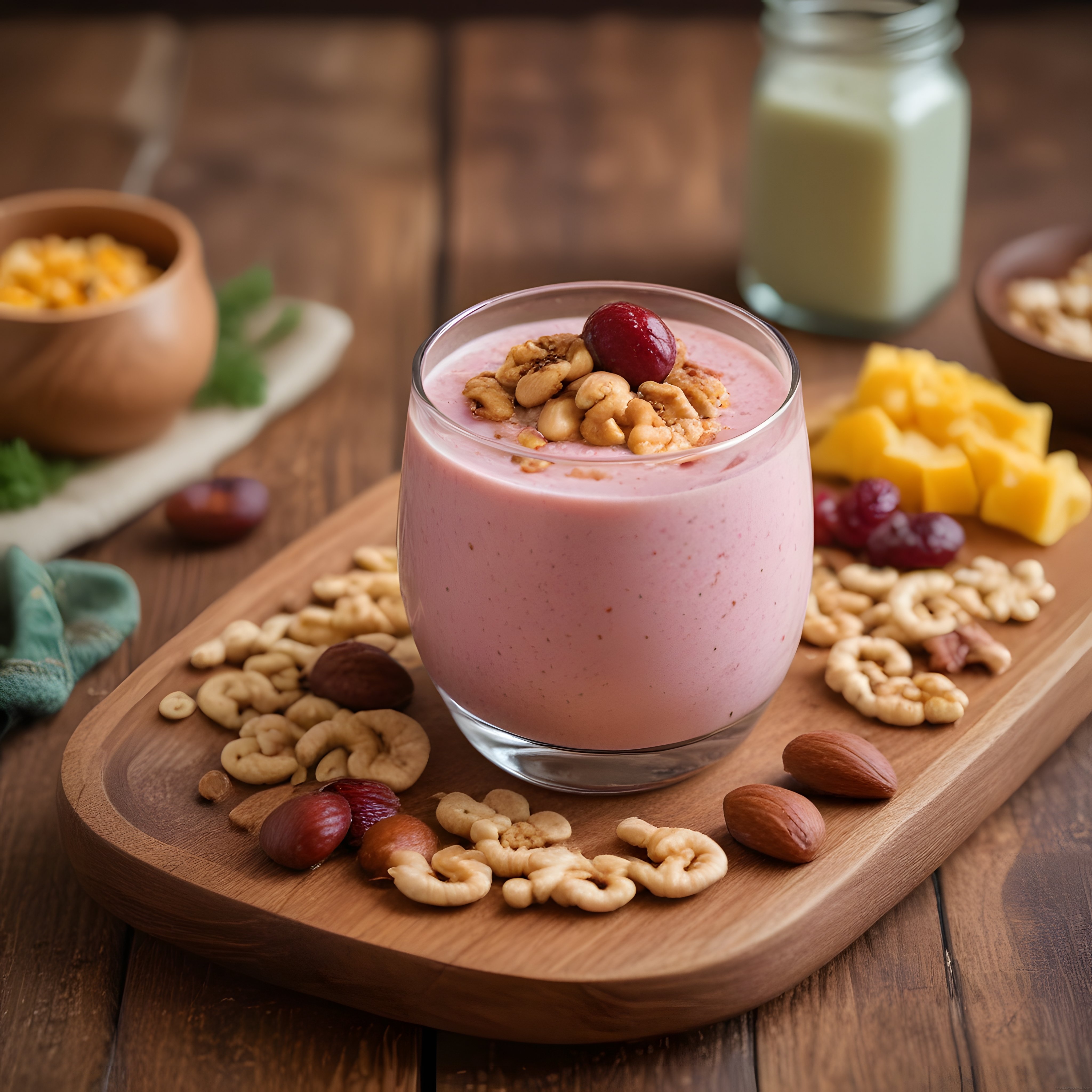 Ahşap Sunum Tahtasında Kuru Yemiş ve Taze Meyveli Enerjik Smoothie Kasesi