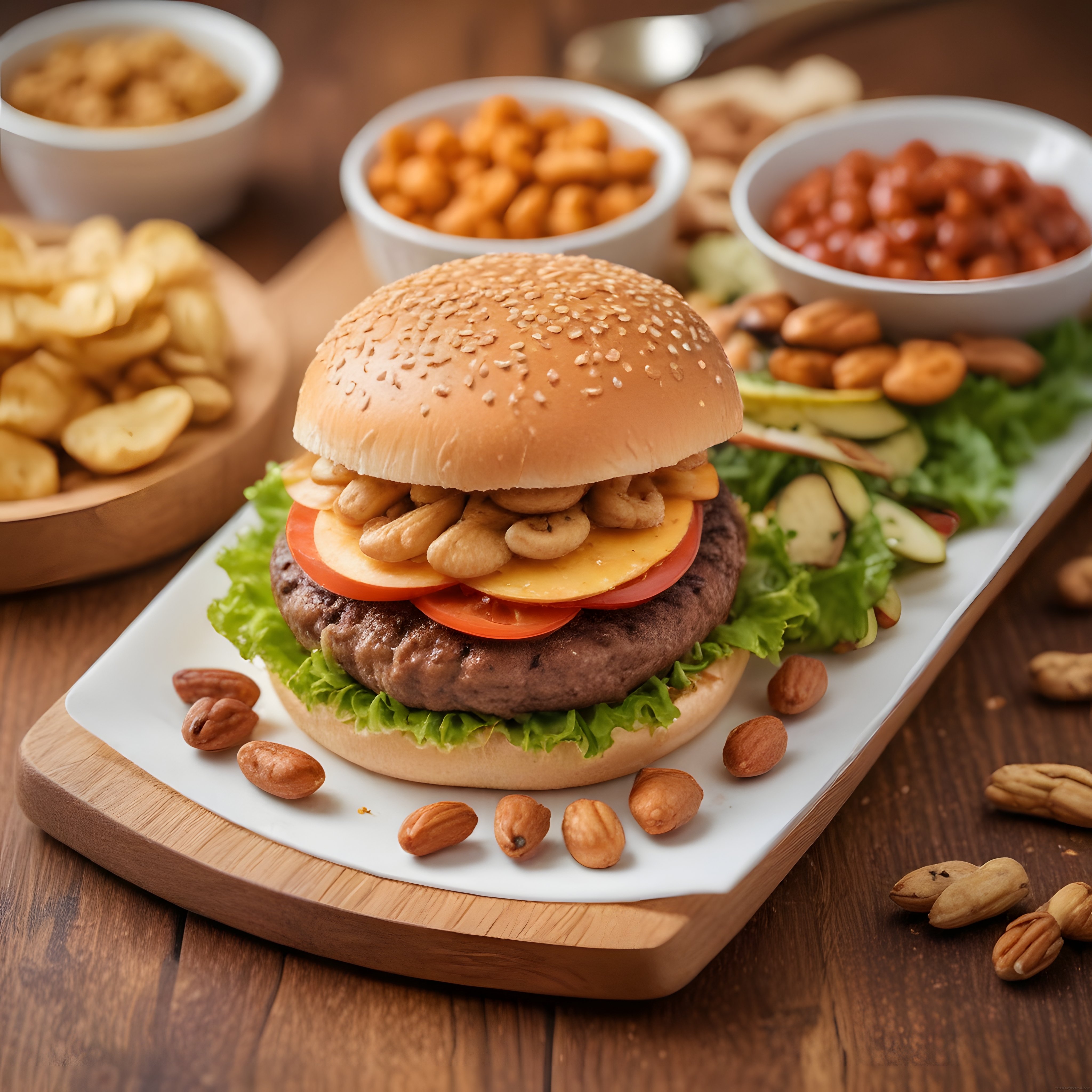 Ahşap Sunum Tahtasında Kuruyemişli Gourmet Hamburger ve Atıştırmalıklar